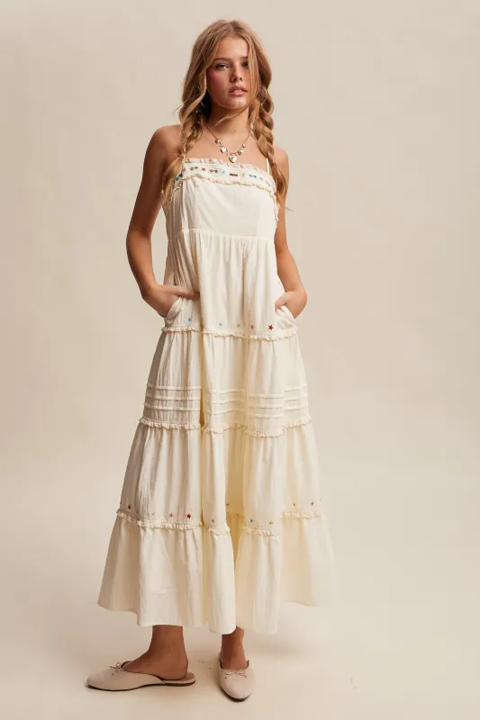 Ecru Embroidered Ruffle Tiered Maxi Dress sold by Pinkblush