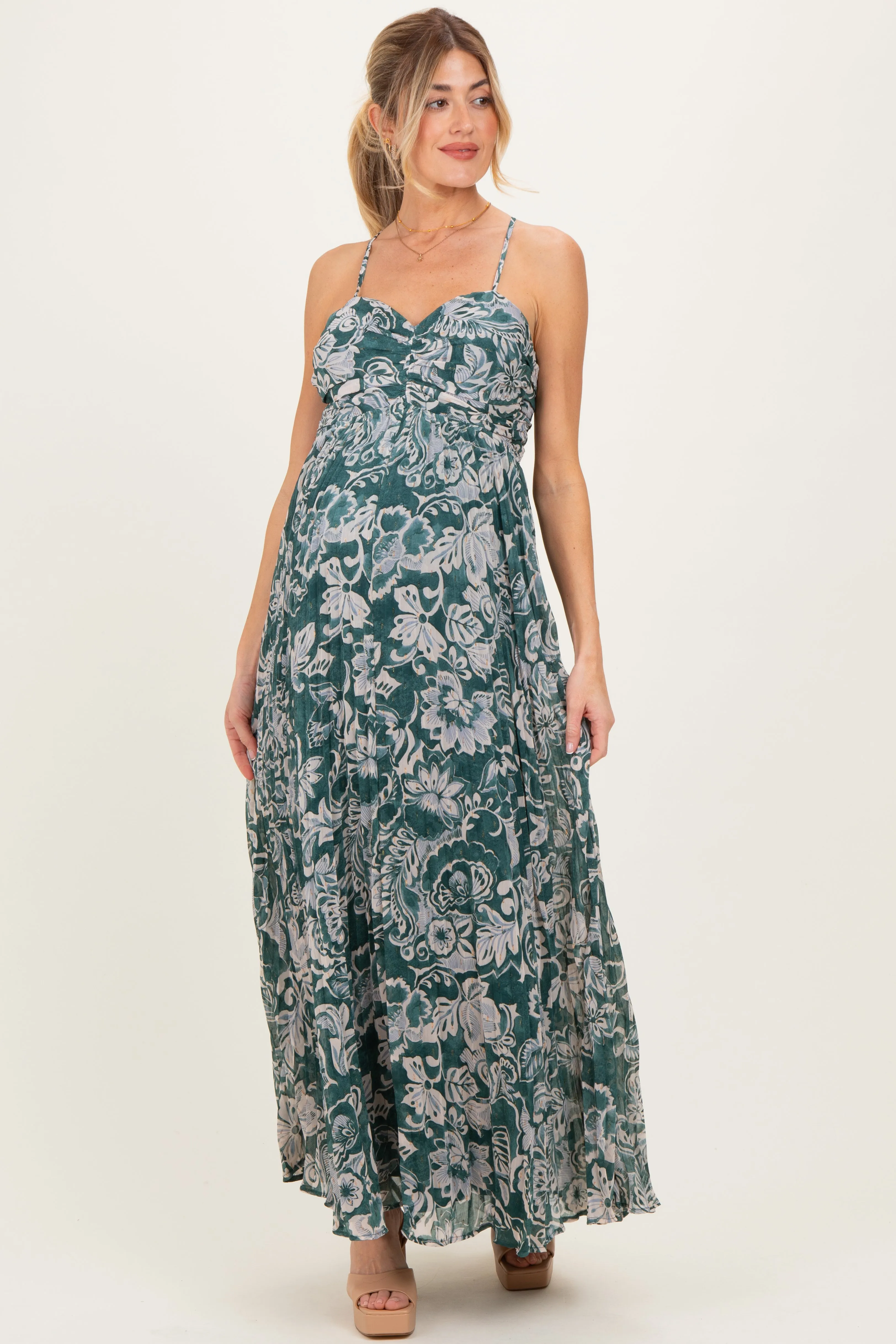 Teal Floral Sleeveless Maternity Maxi Dress sold by Pinkblush product image thumbnail 2