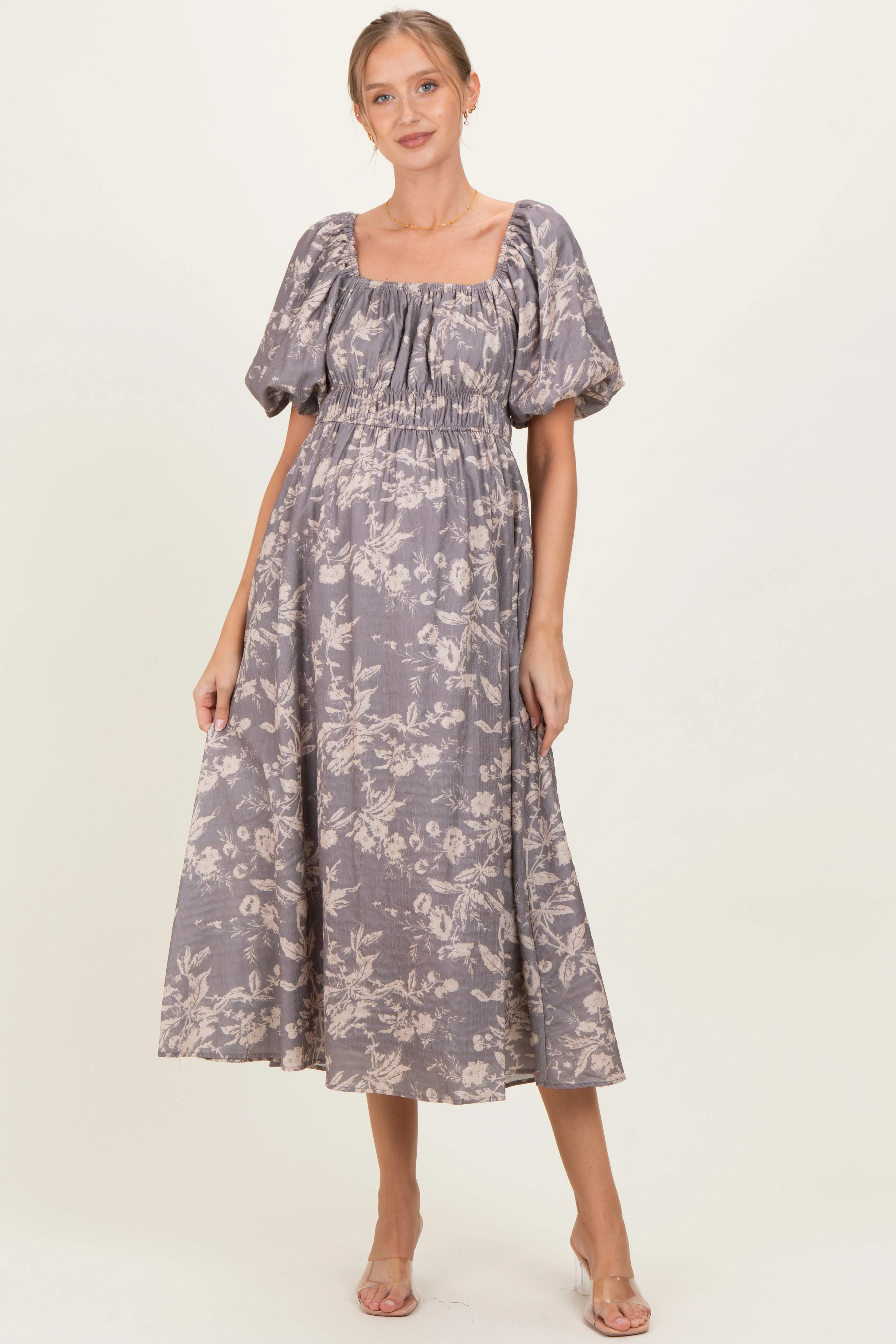 Grey Floral Puff Sleeve Smocked Waist Maternity Midi Dress sold by Pinkblush