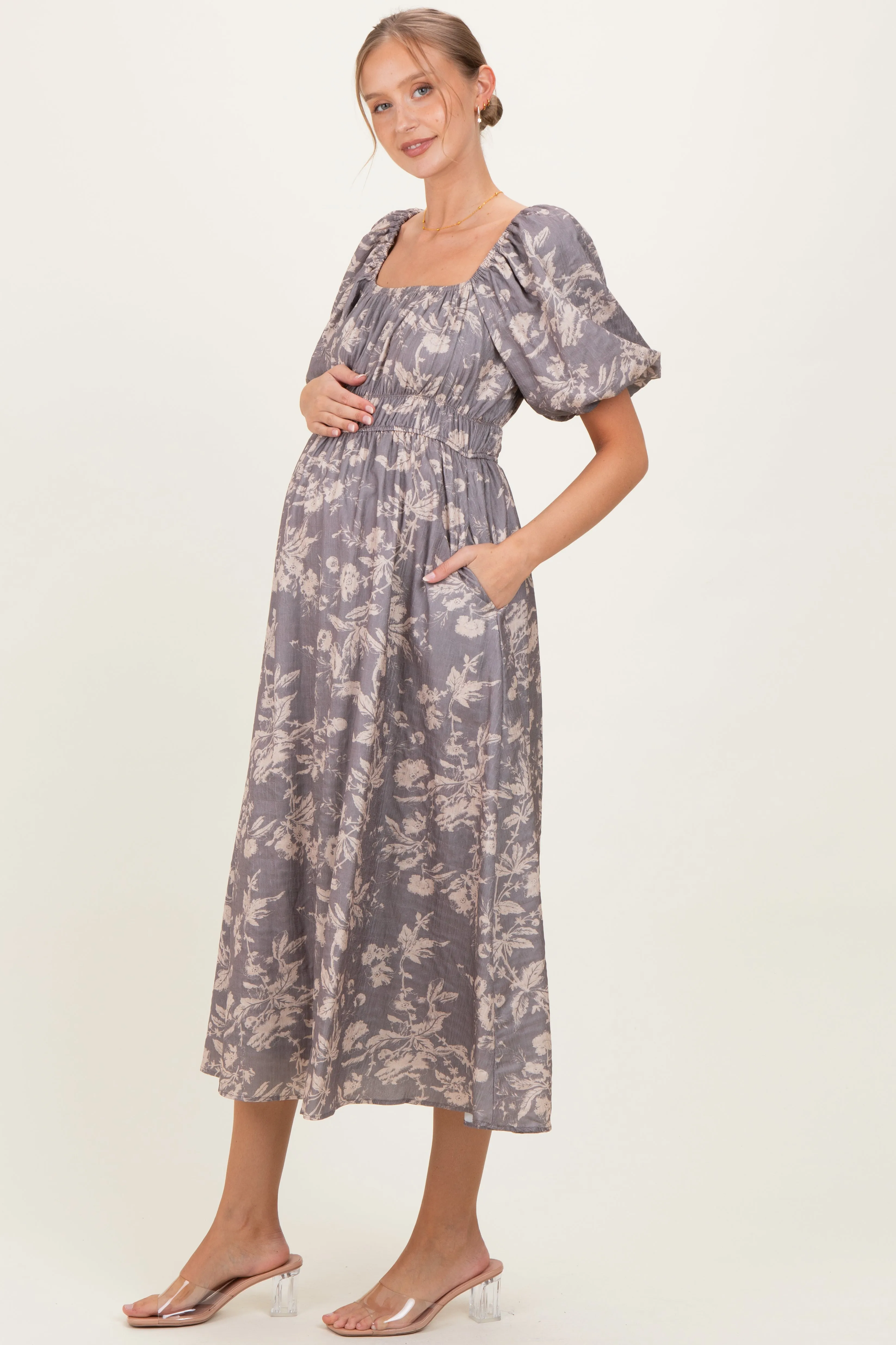 Grey Floral Puff Sleeve Smocked Waist Maternity Midi Dress sold by Pinkblush product image thumbnail 2
