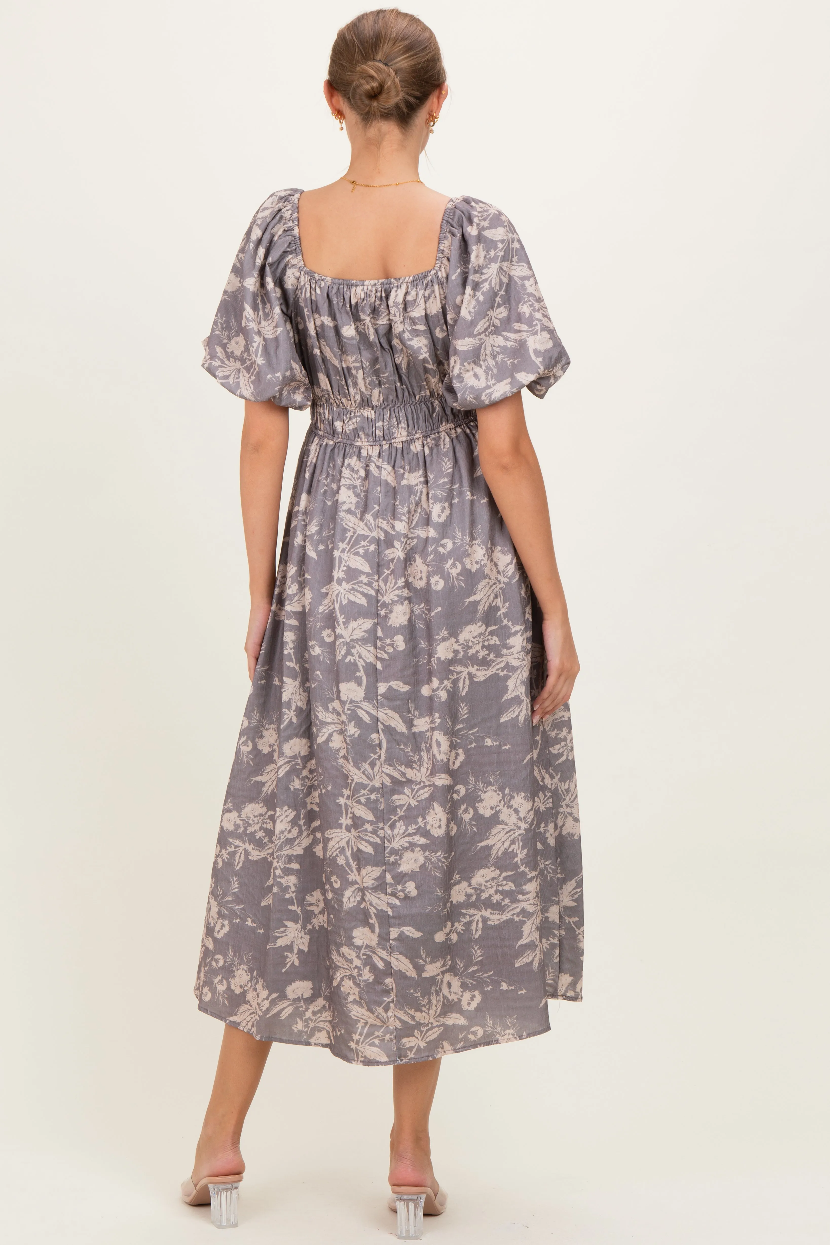 Grey Floral Puff Sleeve Smocked Waist Maternity Midi Dress sold by Pinkblush product image thumbnail 3