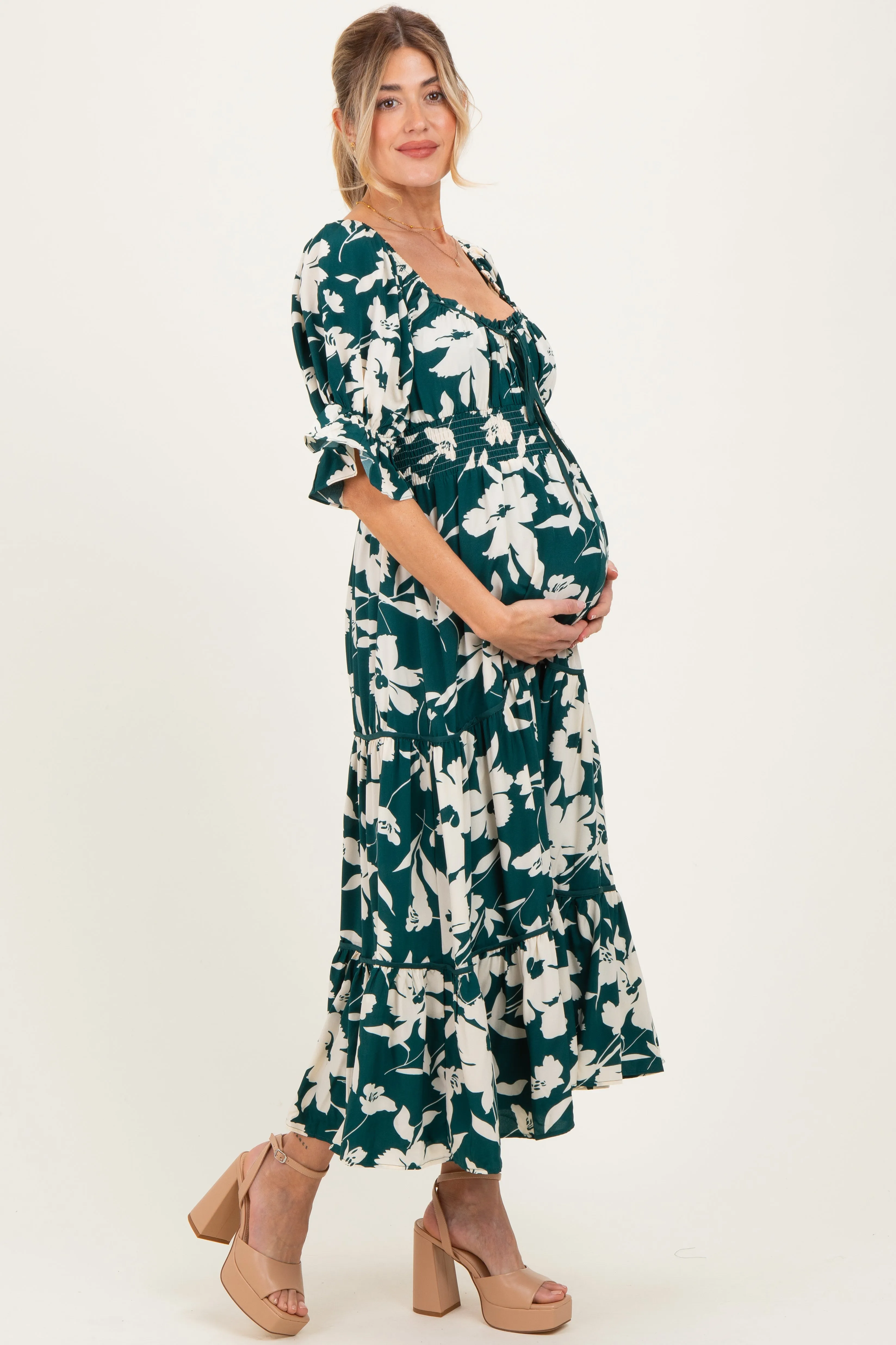 Hunter Green Floral Short Sleeve Square Neck Tiered Maternity Maxi Dress sold by Pinkblush product image thumbnail 2
