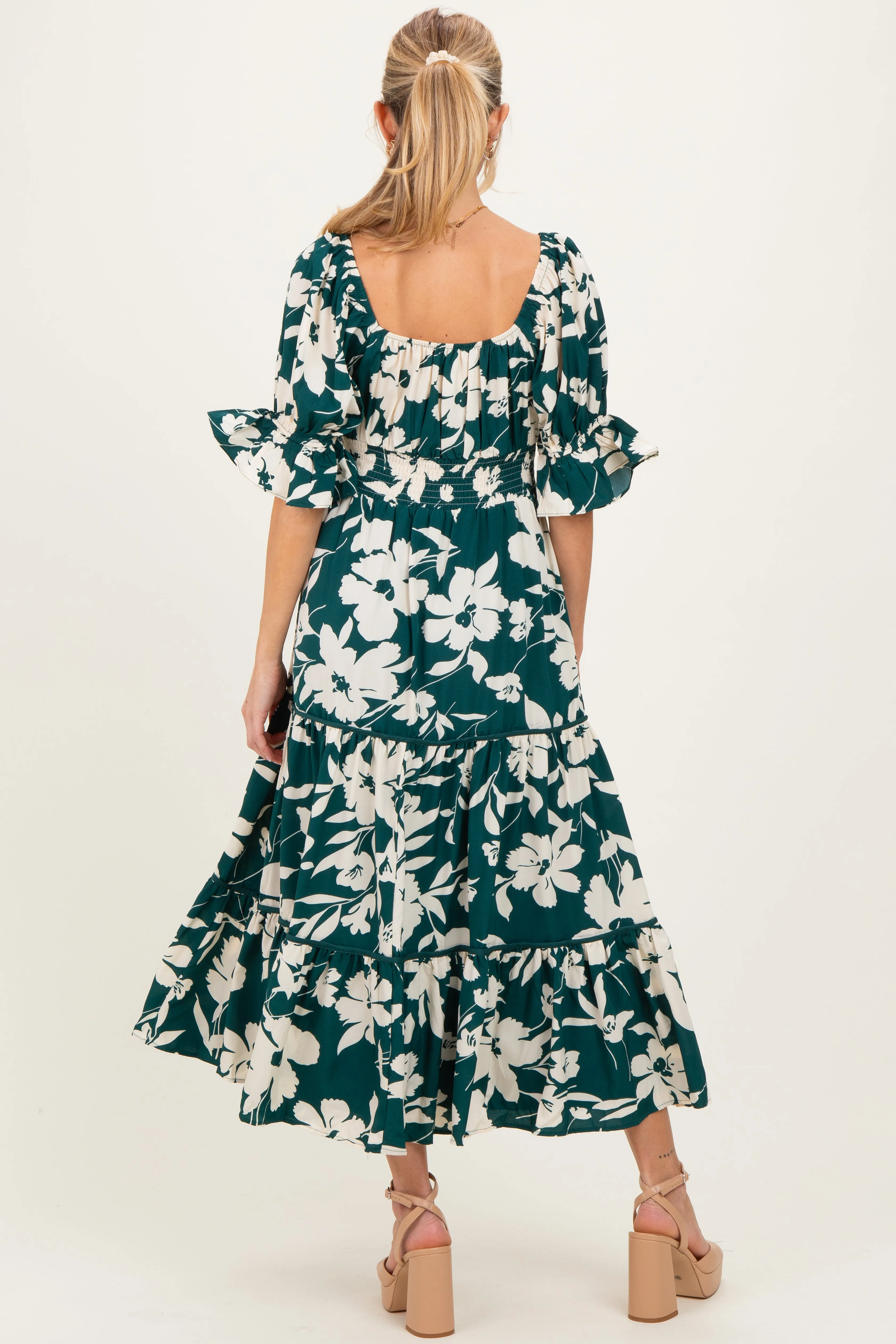 Hunter Green Floral Short Sleeve Square Neck Tiered Maternity Maxi Dress sold by Pinkblush product image thumbnail 3