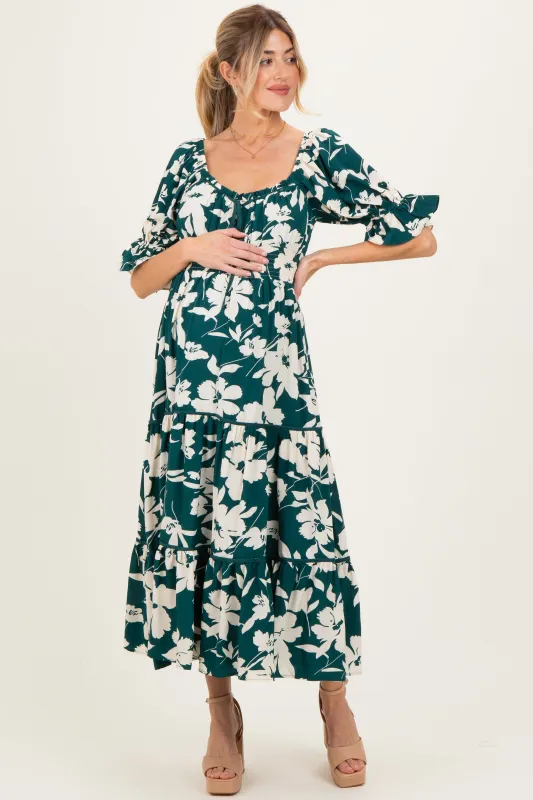 Hunter Green Floral Short Sleeve Square Neck Tiered Maternity Maxi Dress sold by Pinkblush