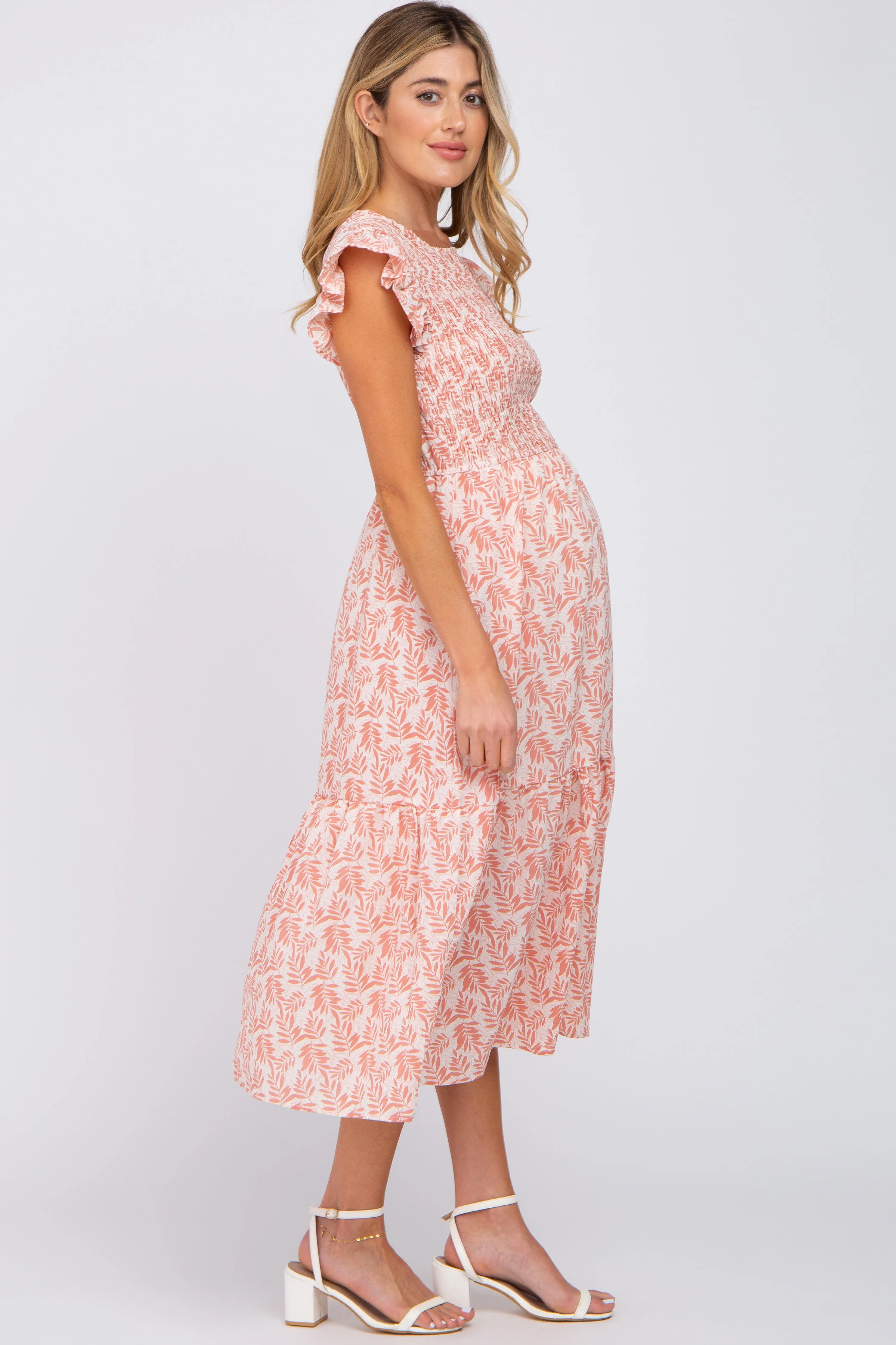 Pink Leaf Print Smocked Ruffle Sleeve Maternity Midi Dress sold by Pinkblush product image thumbnail 2