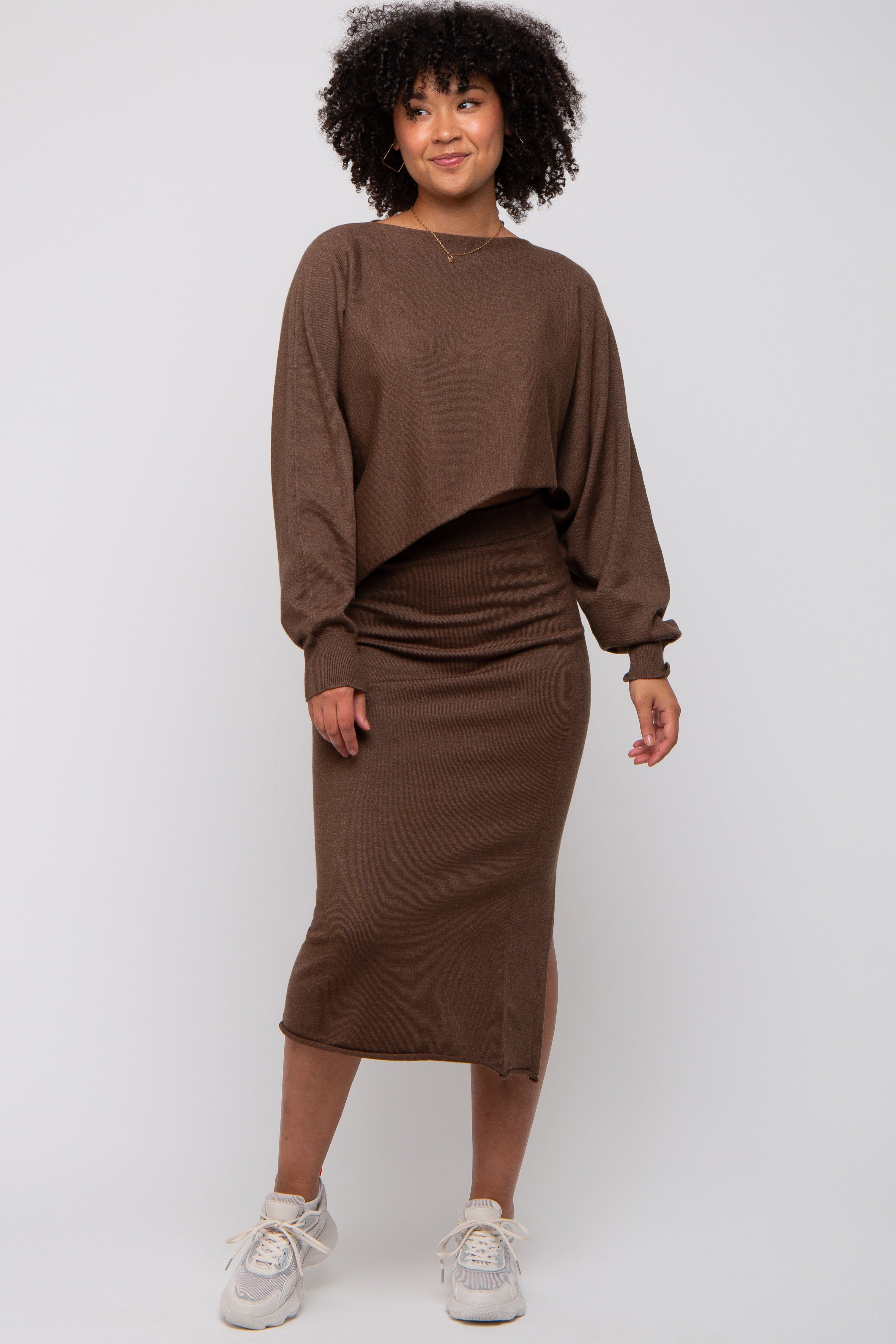 Brown Knit Long Sleeve Crop Top Midi Skirt Set sold by Pinkblush product image thumbnail 5