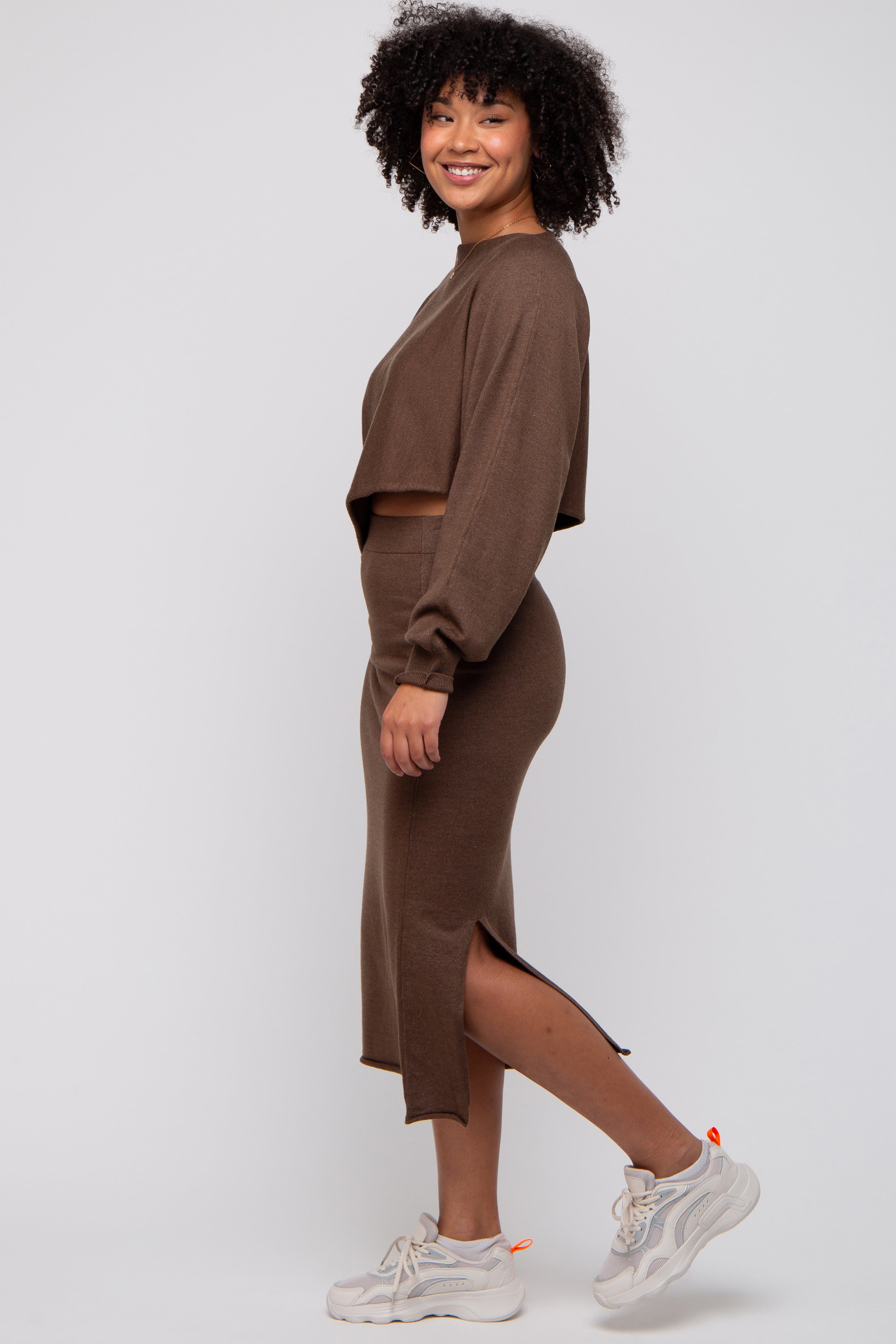 Brown Knit Long Sleeve Crop Top Midi Skirt Set sold by Pinkblush product image thumbnail 2