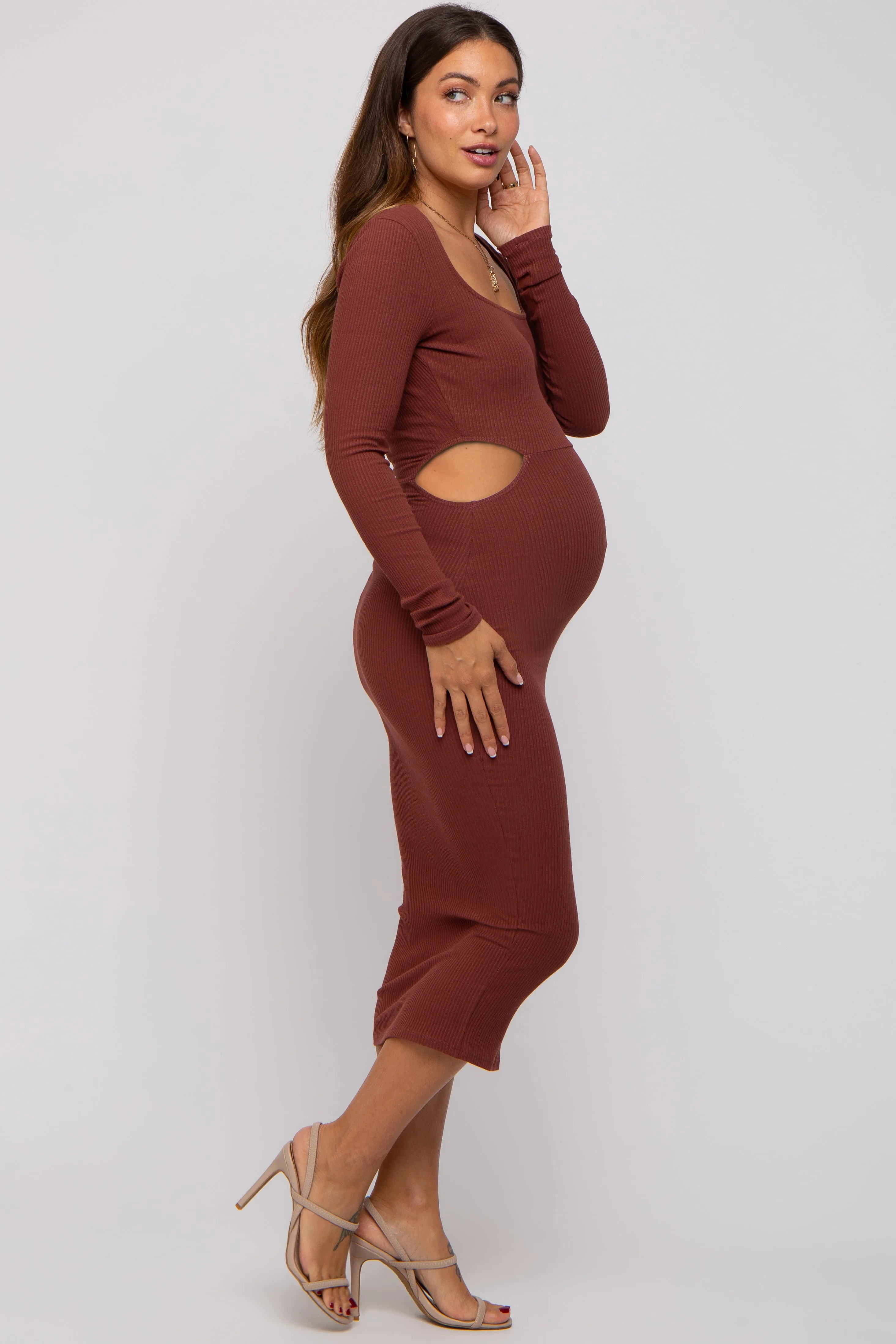 Brown Rib Knit Side Cutout Maternity Midi Dress sold by Pinkblush product image thumbnail 2