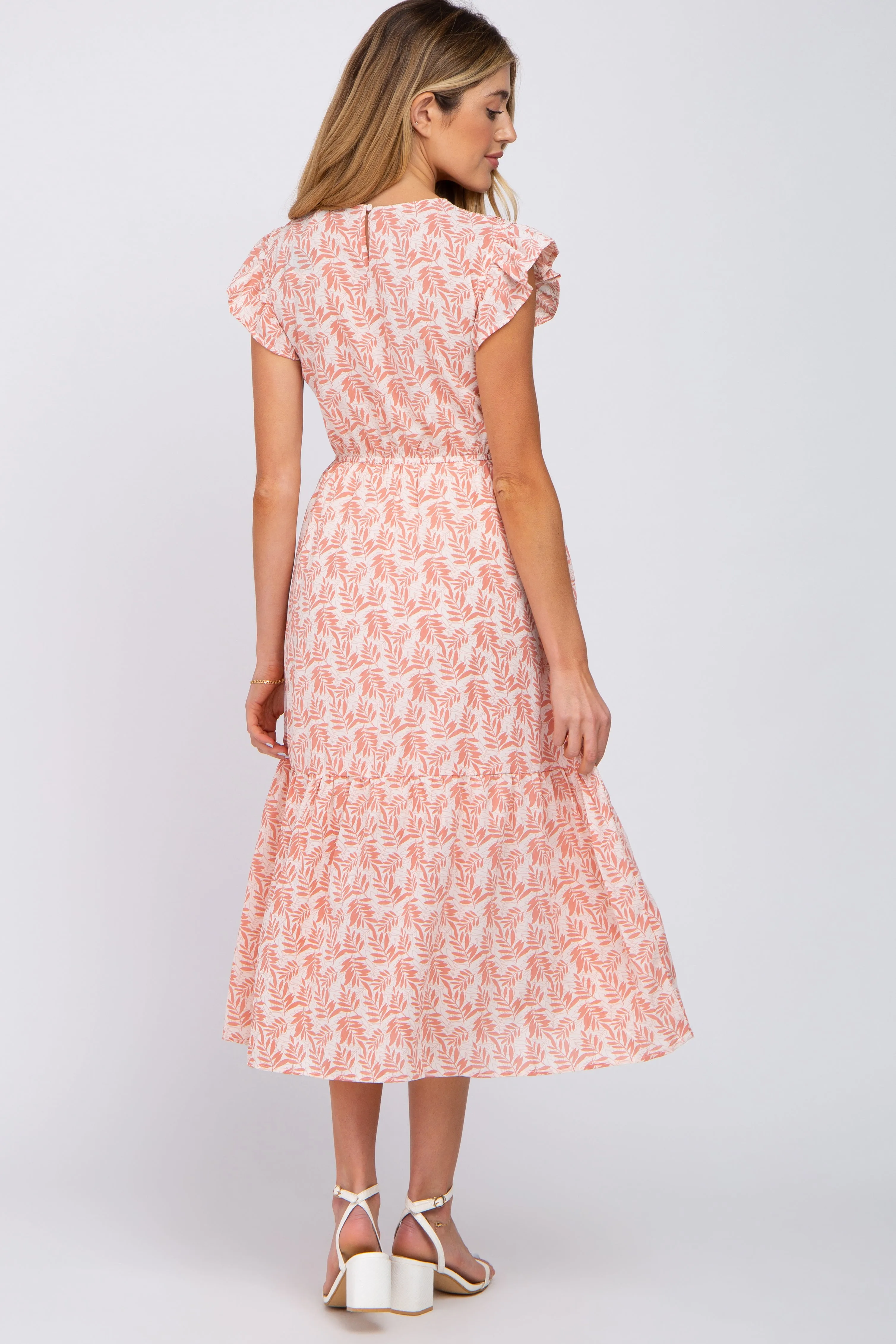 Pink Leaf Print Smocked Ruffle Sleeve Maternity Midi Dress sold by Pinkblush product image thumbnail 3