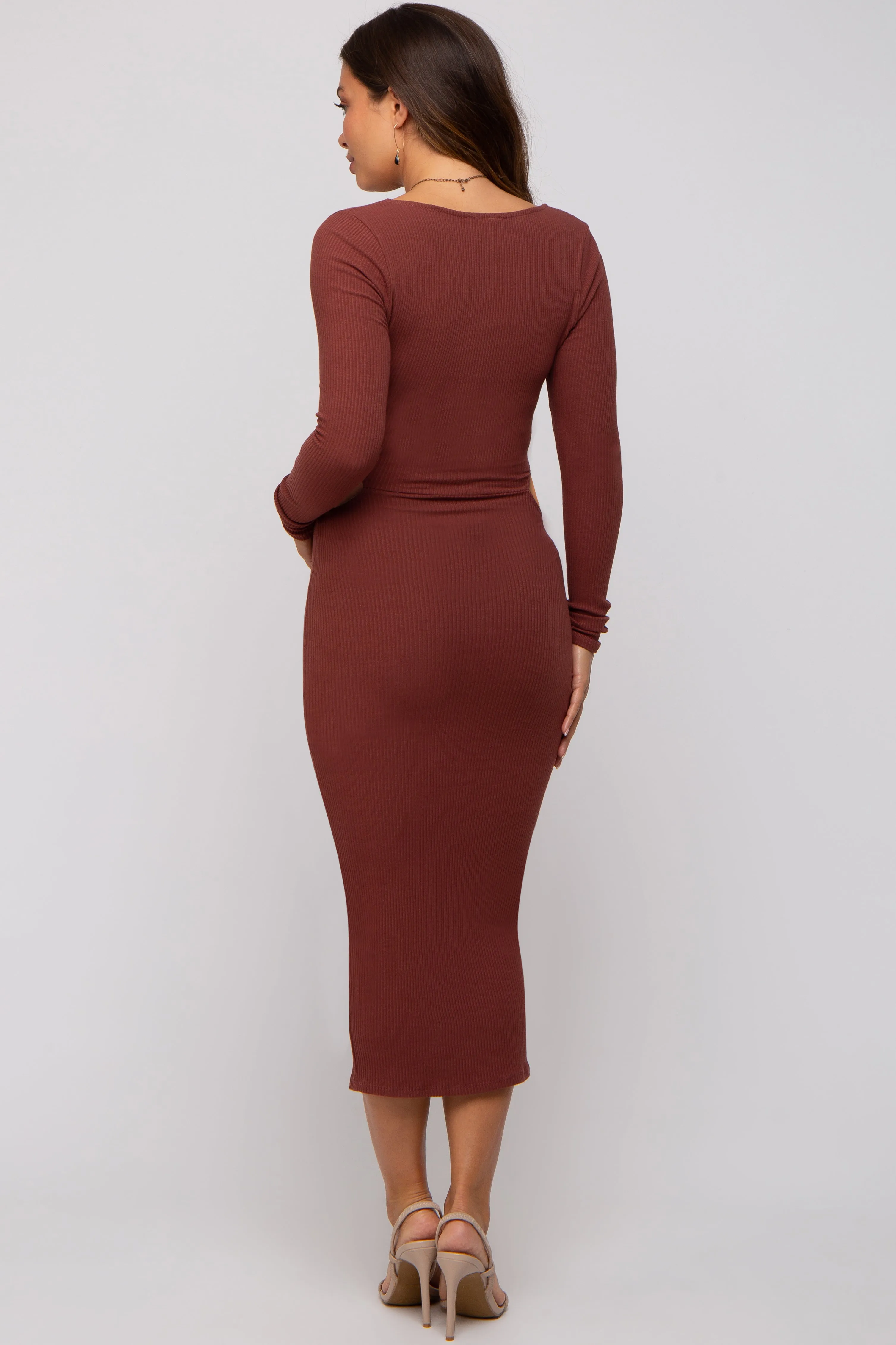 Brown Rib Knit Side Cutout Maternity Midi Dress sold by Pinkblush product image thumbnail 3