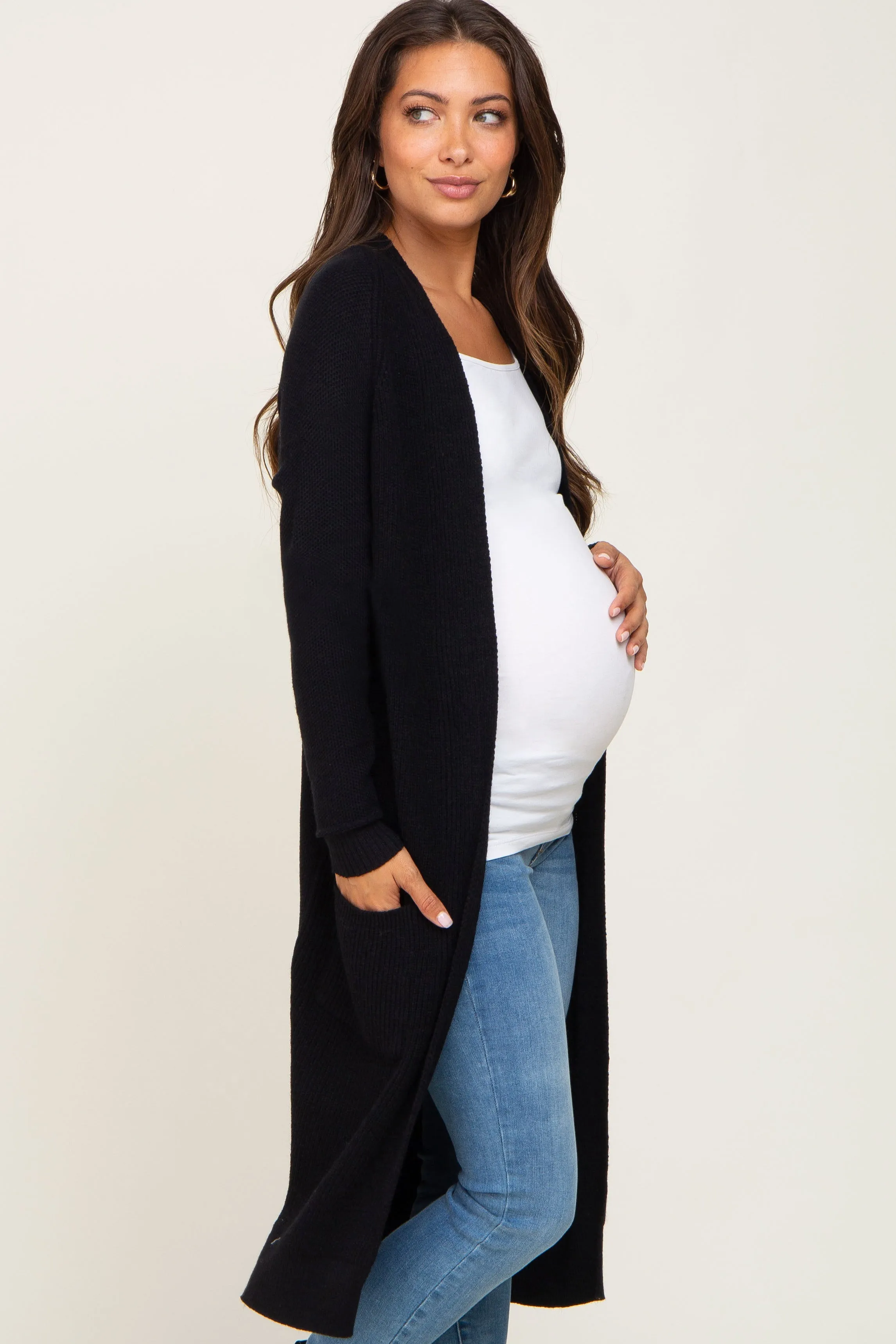 Black Open Front Long Maternity Cardigan sold by Pinkblush product image thumbnail 3