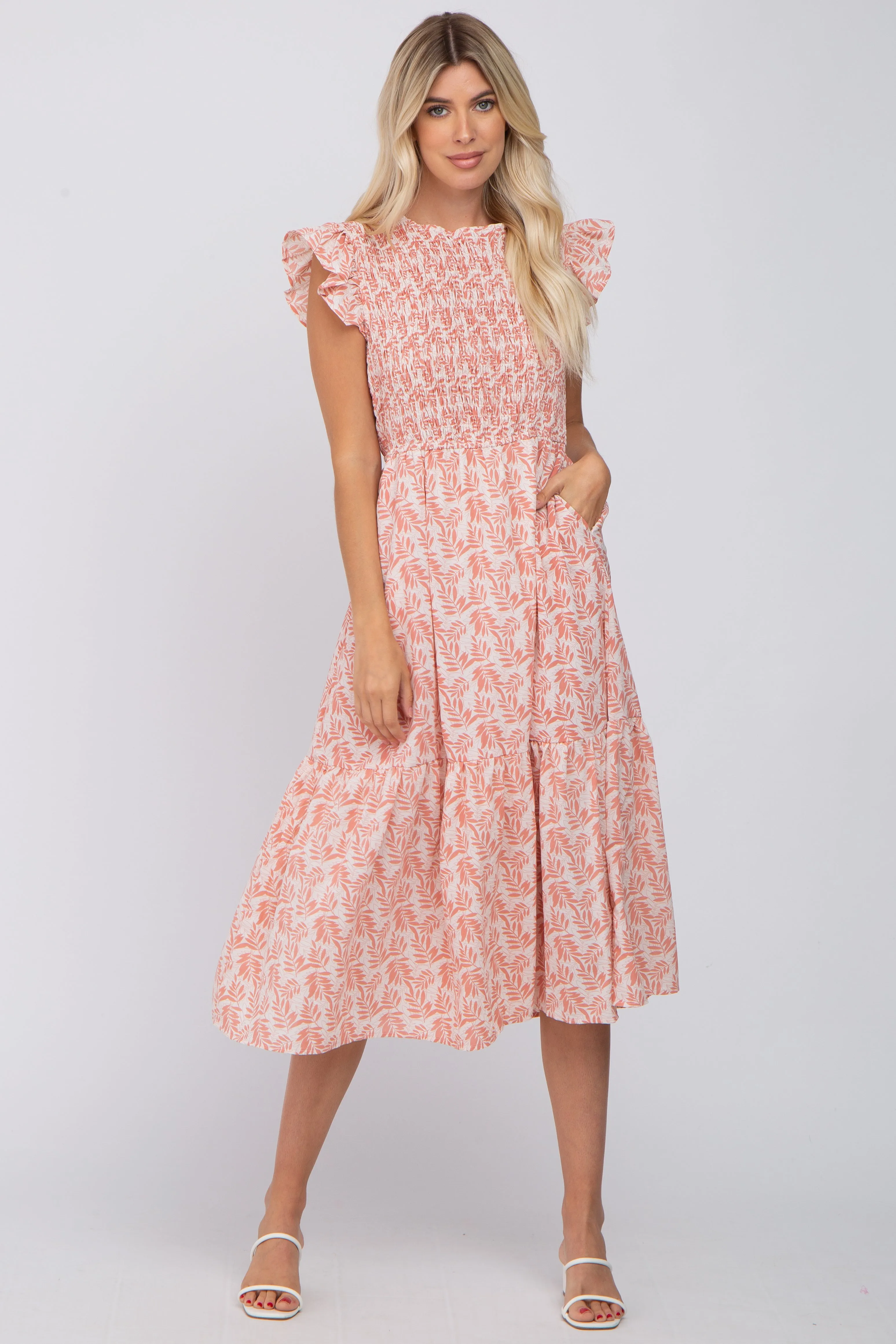 Pink Leaf Print Smocked Ruffle Sleeve Maternity Midi Dress sold by Pinkblush product image thumbnail 4