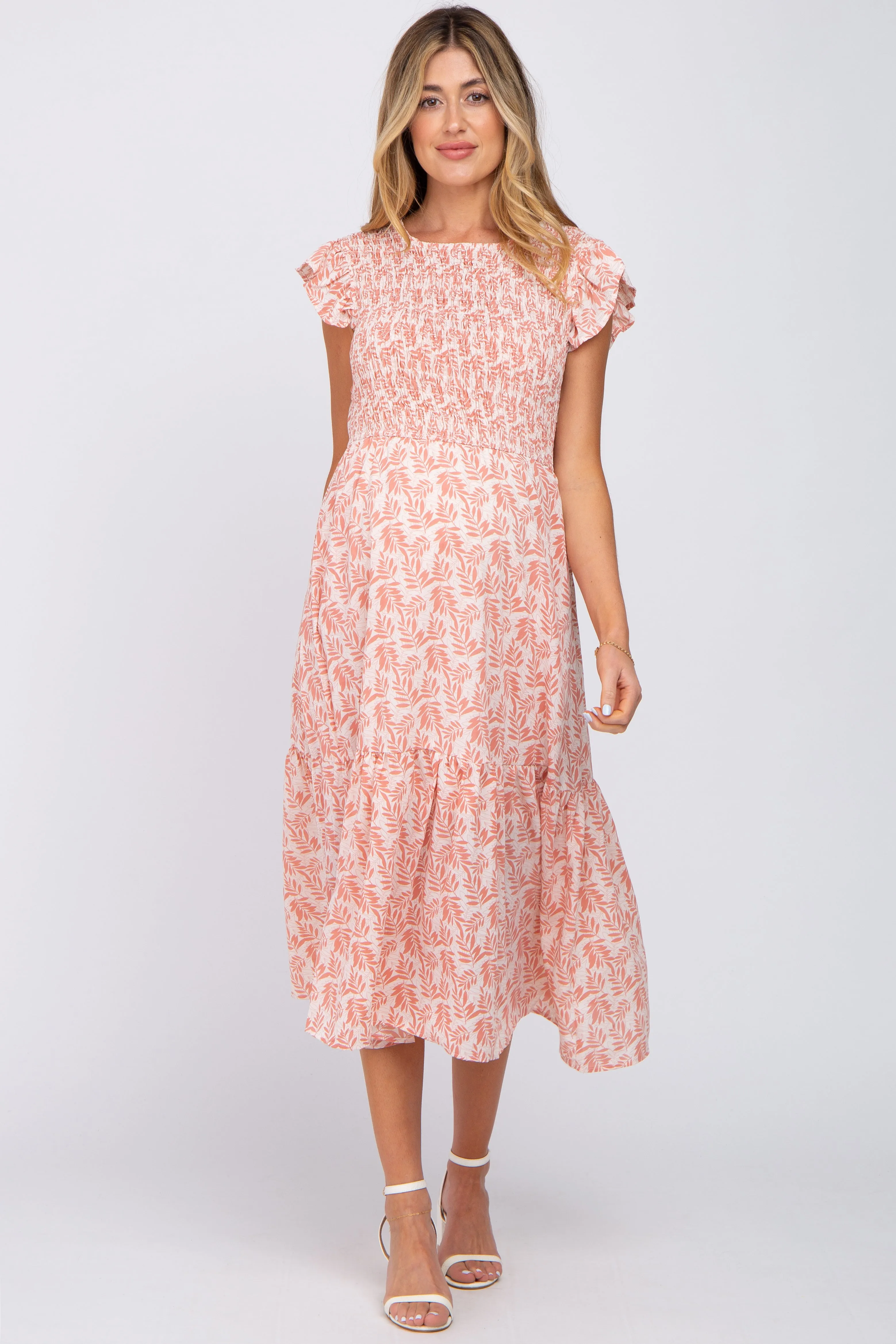 Pink Leaf Print Smocked Ruffle Sleeve Maternity Midi Dress sold by Pinkblush
