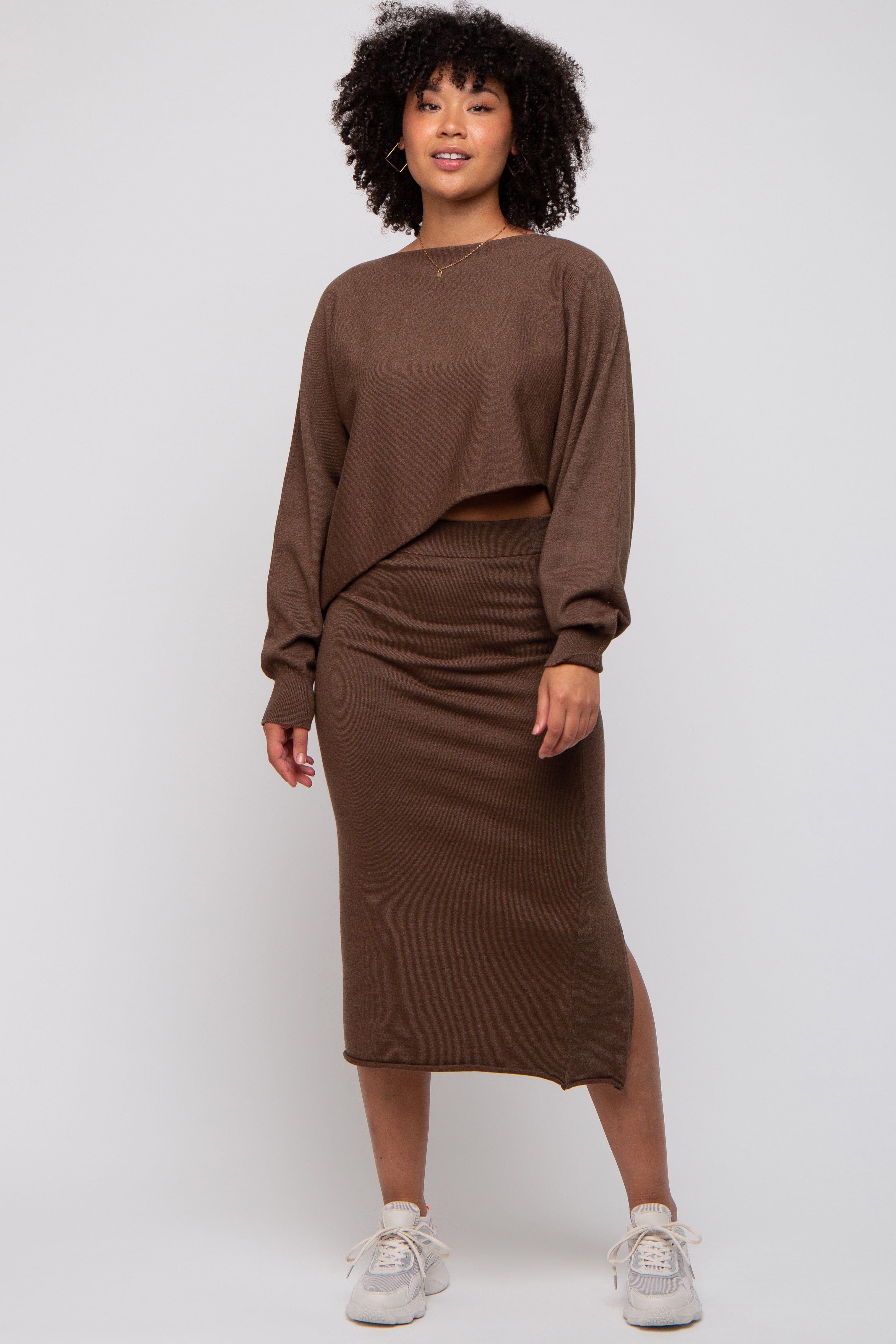 Brown Knit Long Sleeve Crop Top Midi Skirt Set sold by Pinkblush product image thumbnail 4