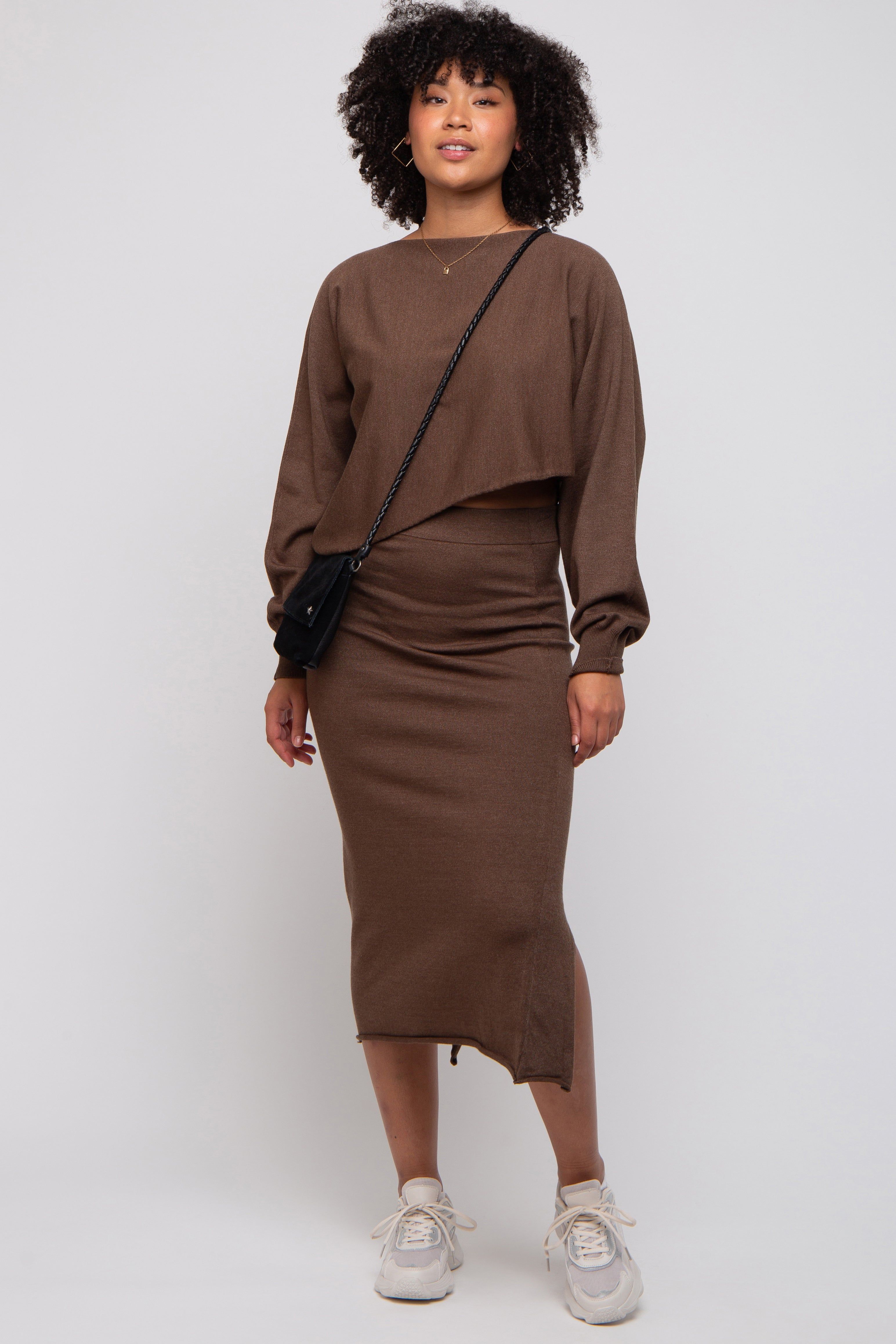 Brown Knit Long Sleeve Crop Top Midi Skirt Set sold by Pinkblush