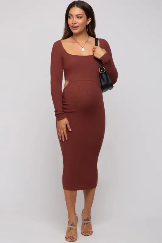Brown Rib Knit Side Cutout Maternity Midi Dress sold by Pinkblush
