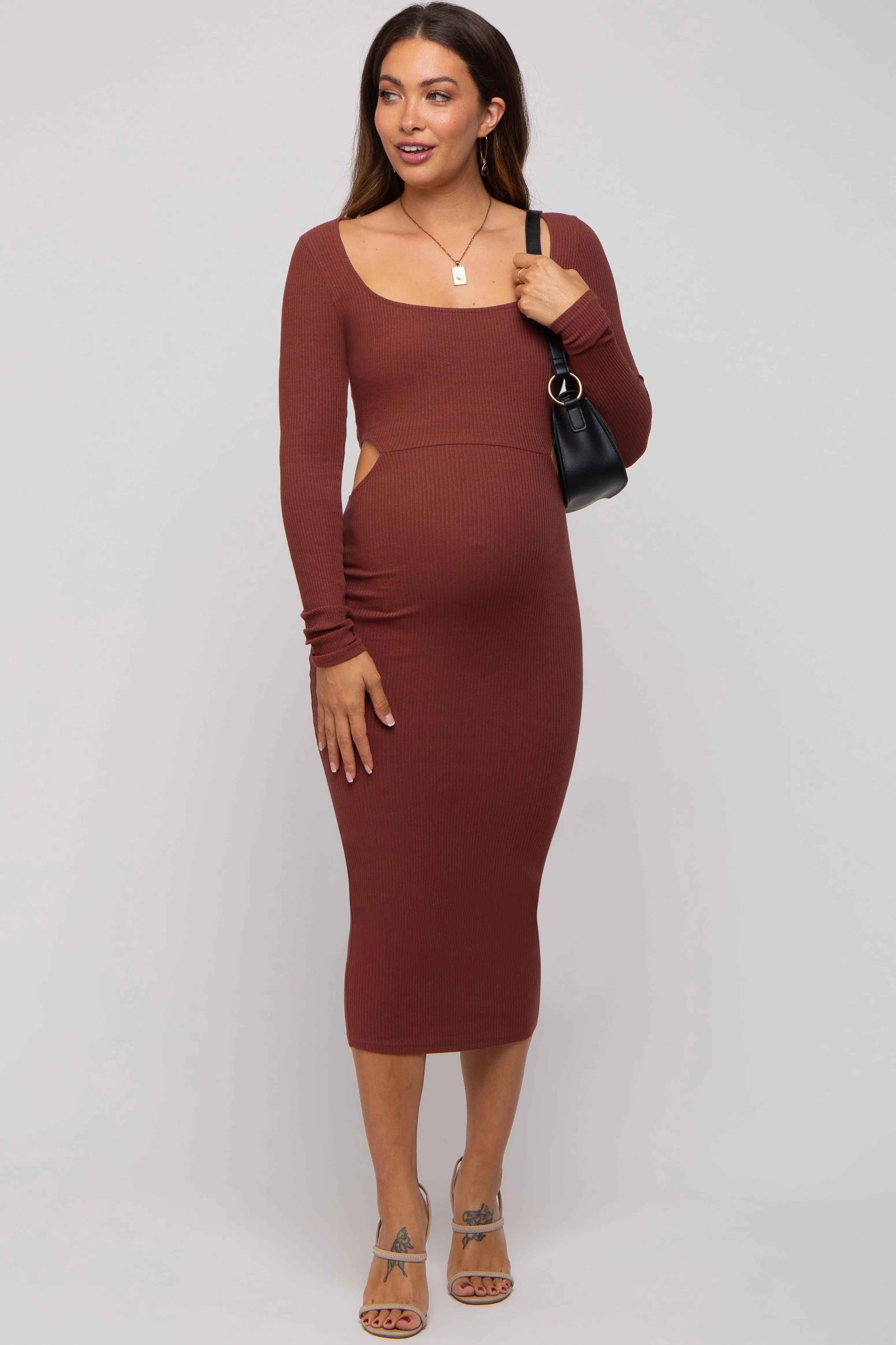 Brown Rib Knit Side Cutout Maternity Midi Dress sold by Pinkblush