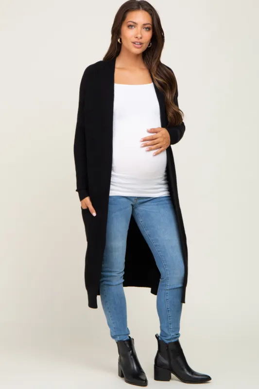 Black Open Front Long Maternity Cardigan sold by Pinkblush