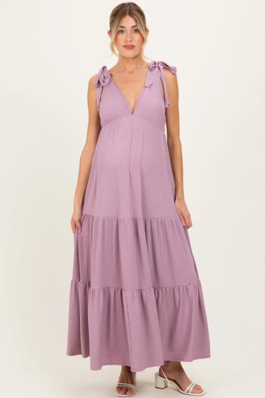 Violet Shoulder Tie Ribbed Tiered Maternity Maxi Dress sold by Pinkblush