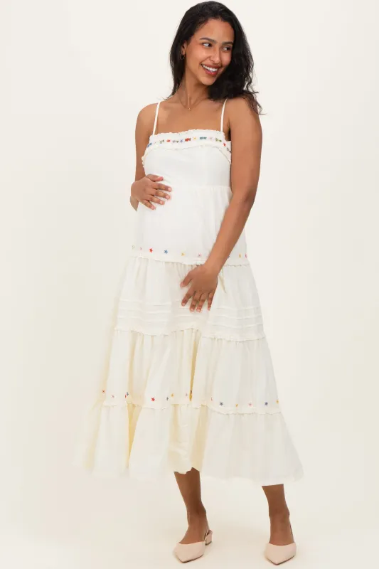 Ecru Embroidered Ruffle Tiered Maternity Maxi Dress sold by Pinkblush