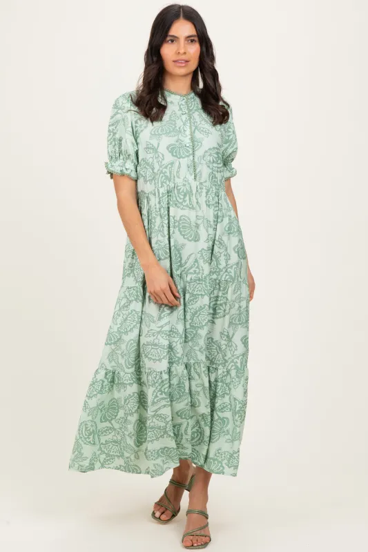 Light Sage Paisley Print Tiered Midi Dress sold by Pinkblush