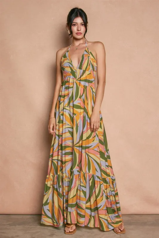 Multicolor Print Halter Cutout Tie Back Maxi Dress sold by Pinkblush
