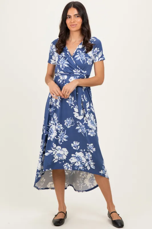 Denim Blue Floral Print Short Sleeve Hi-Low Wrap Dress sold by Pinkblush