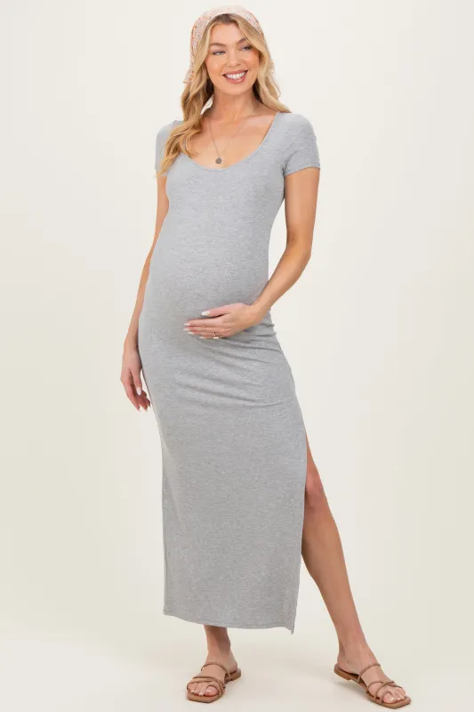 Heather Grey Square Neck Short Sleeve Maternity Maxi sold by Pinkblush