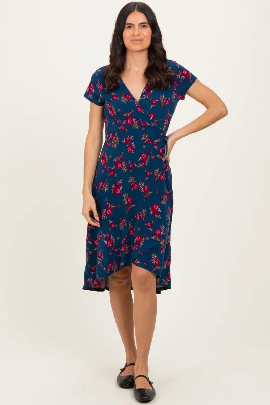 Navy Floral Nursing Wrap Midi Dress sold by Pinkblush