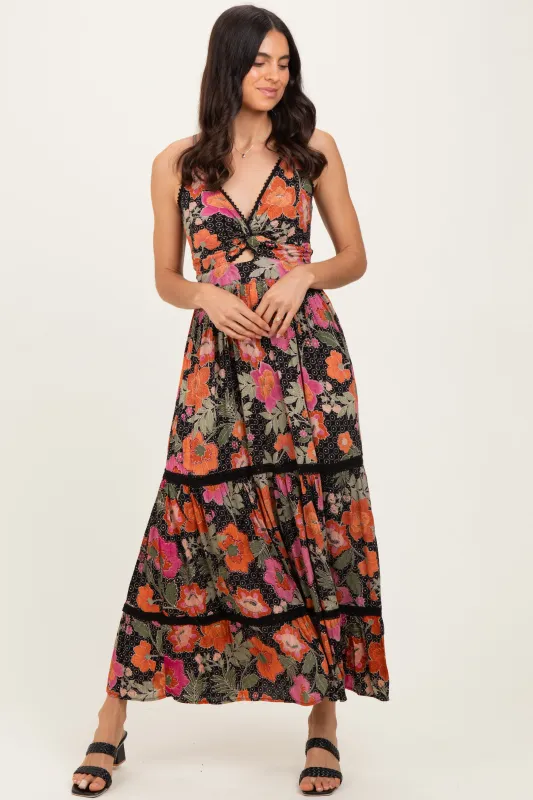 Black Floral Twisted Front Lace Detail Maxi Dress sold by Pinkblush