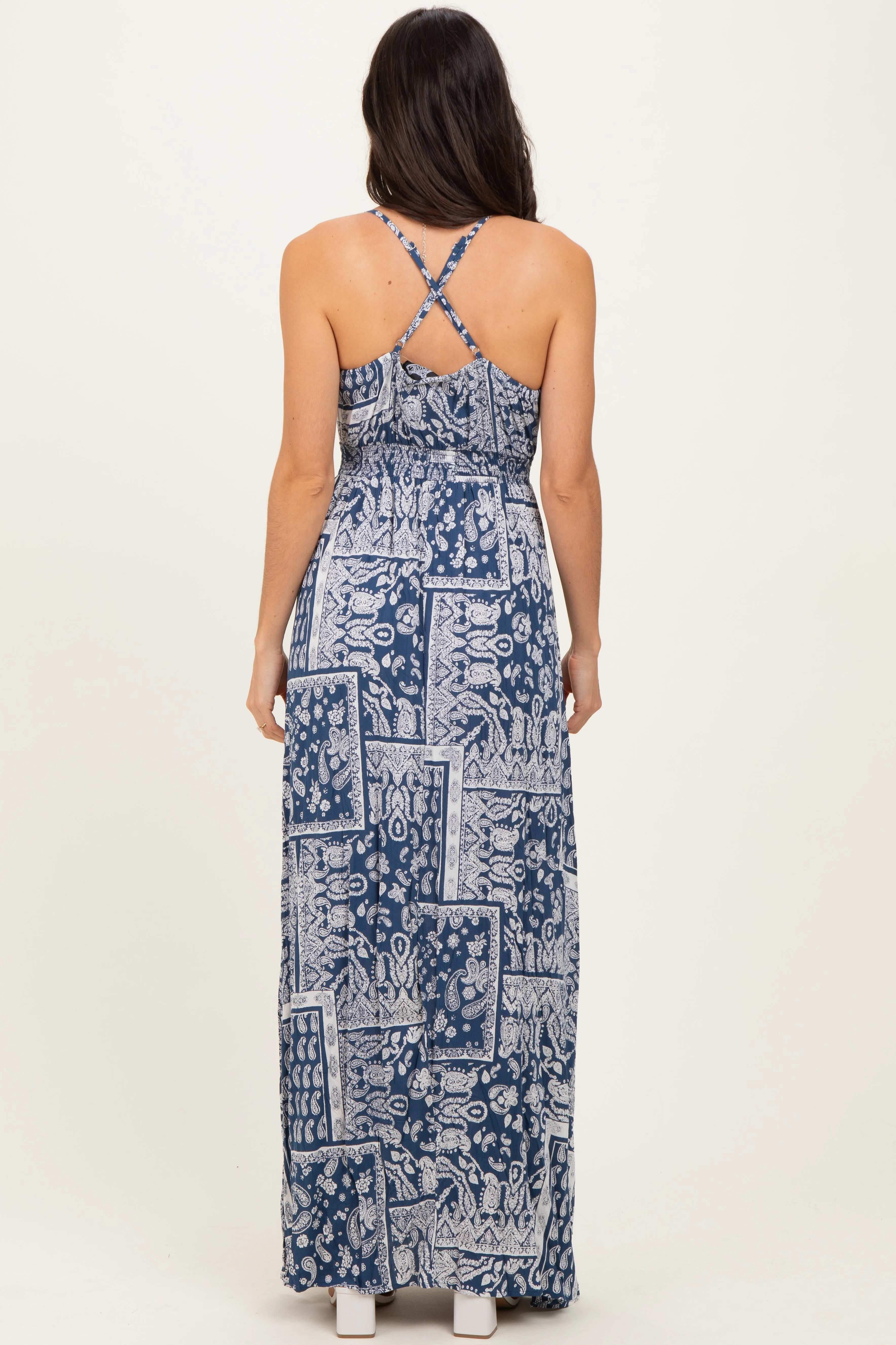 Navy Printed Crisscross Back Maxi Dress sold by Pinkblush product image thumbnail 4