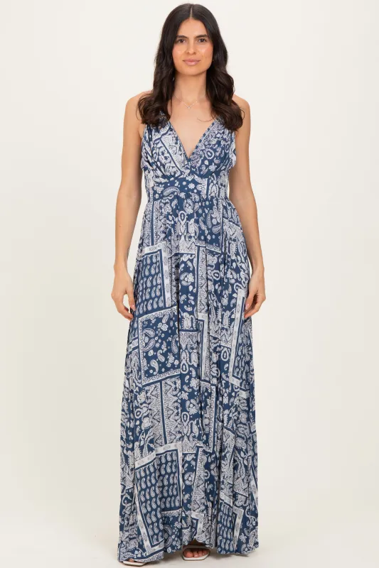 Navy Printed Crisscross Back Maxi Dress sold by Pinkblush