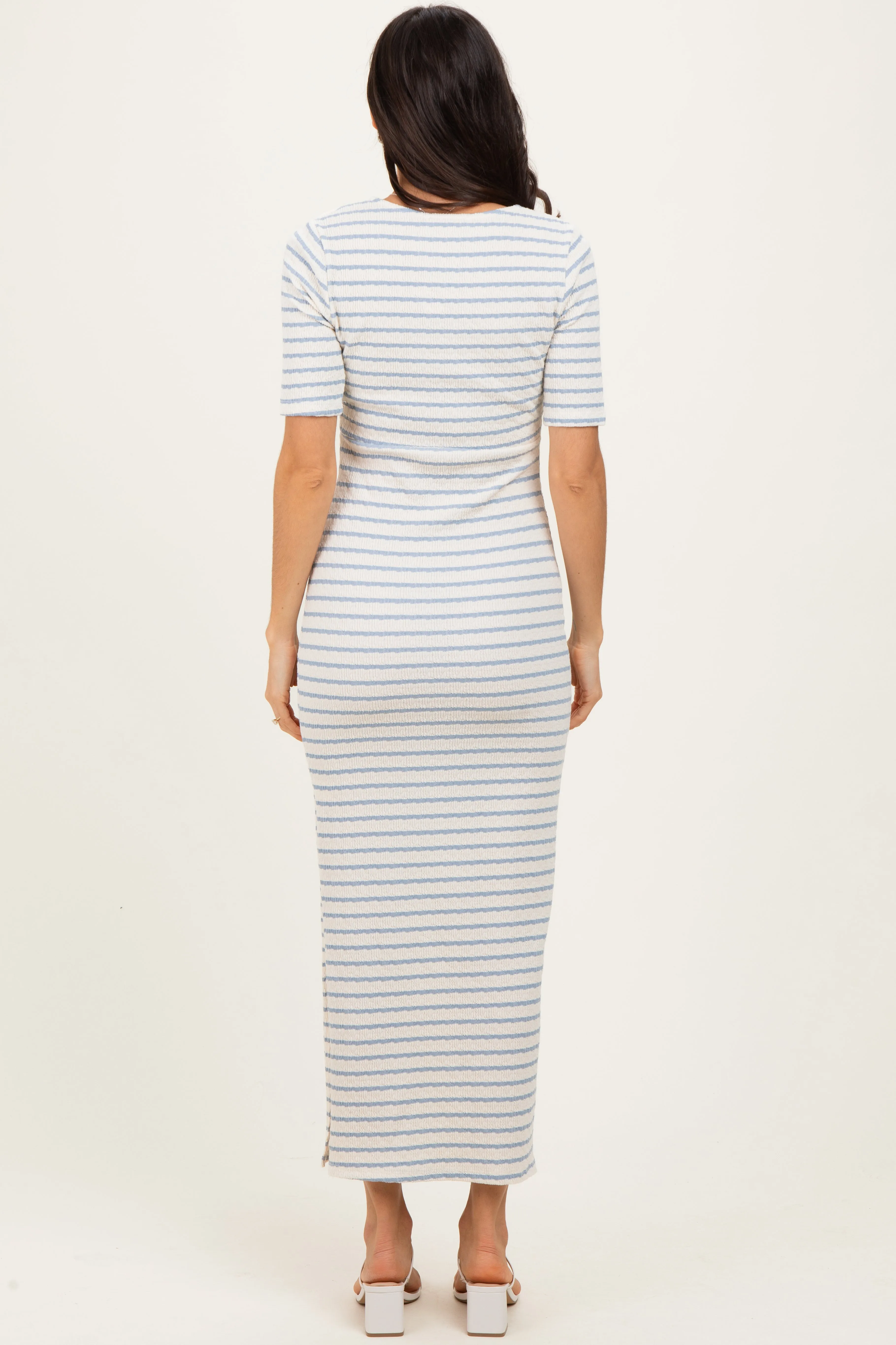 Cream/ Blue Striped Knit Short Sleeve Maxi Dress sold by Pinkblush product image thumbnail 4