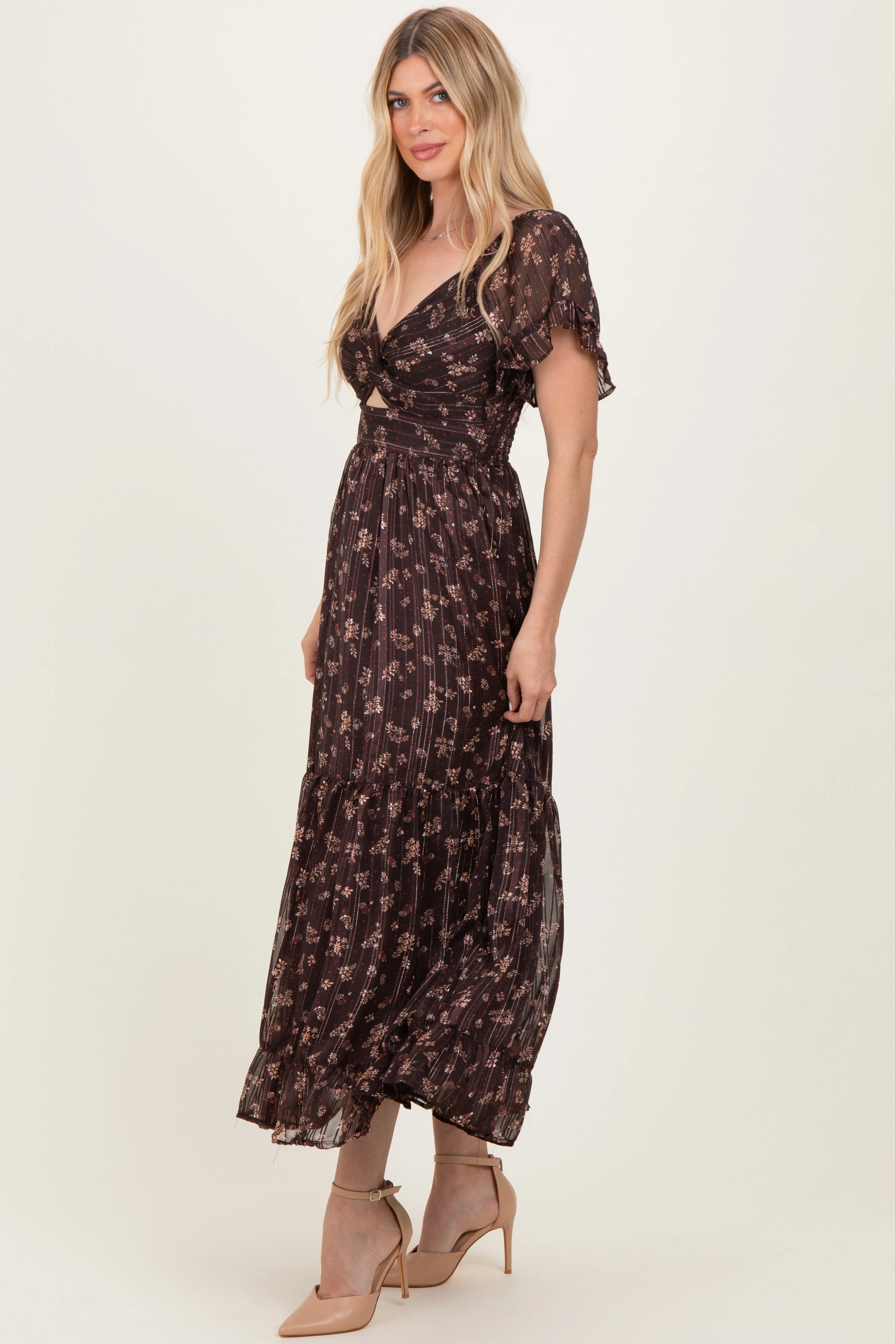 Brown Floral Stripe Twist Front Cutout Maxi Dress sold by Pinkblush product image thumbnail 3
