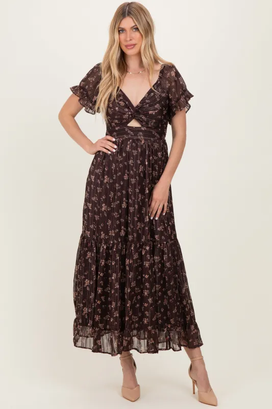 Brown Floral Stripe Twist Front Cutout Maxi Dress sold by Pinkblush