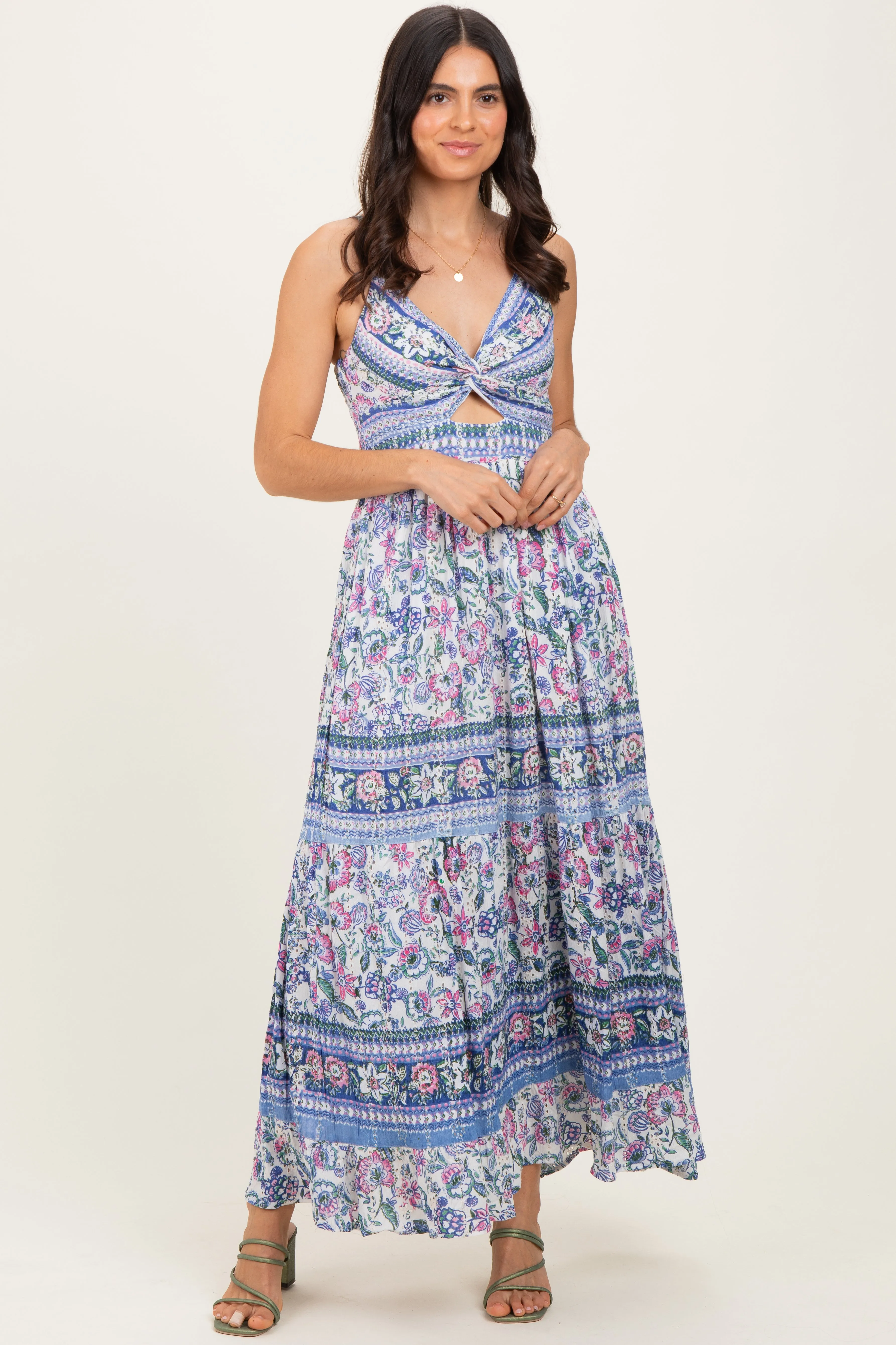 Periwinkle Floral Twist Front Cutout Maxi Dress sold by Pinkblush