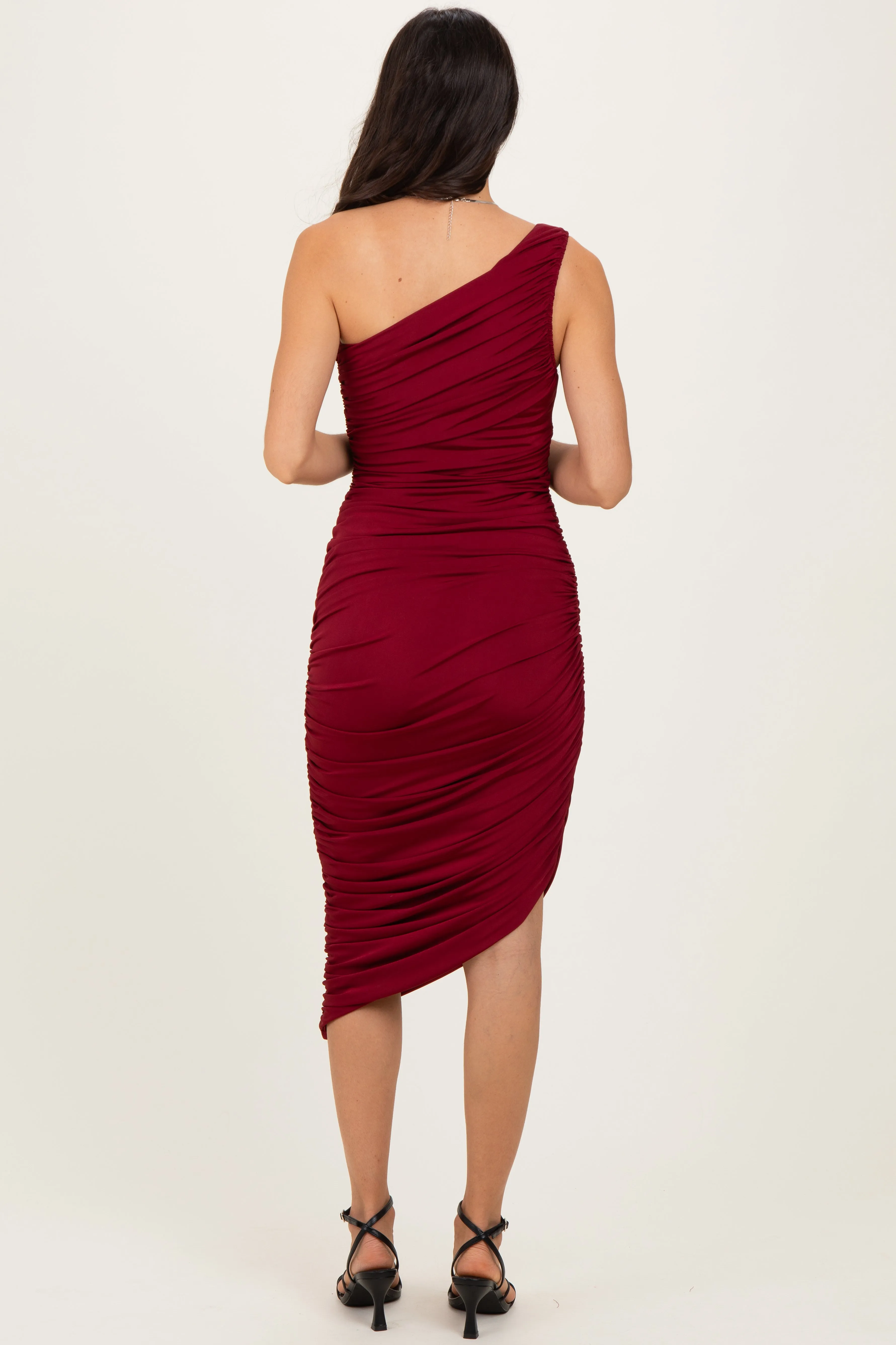 Burgundy One Shoulder Ruched Midi Dress sold by Pinkblush product image thumbnail 3