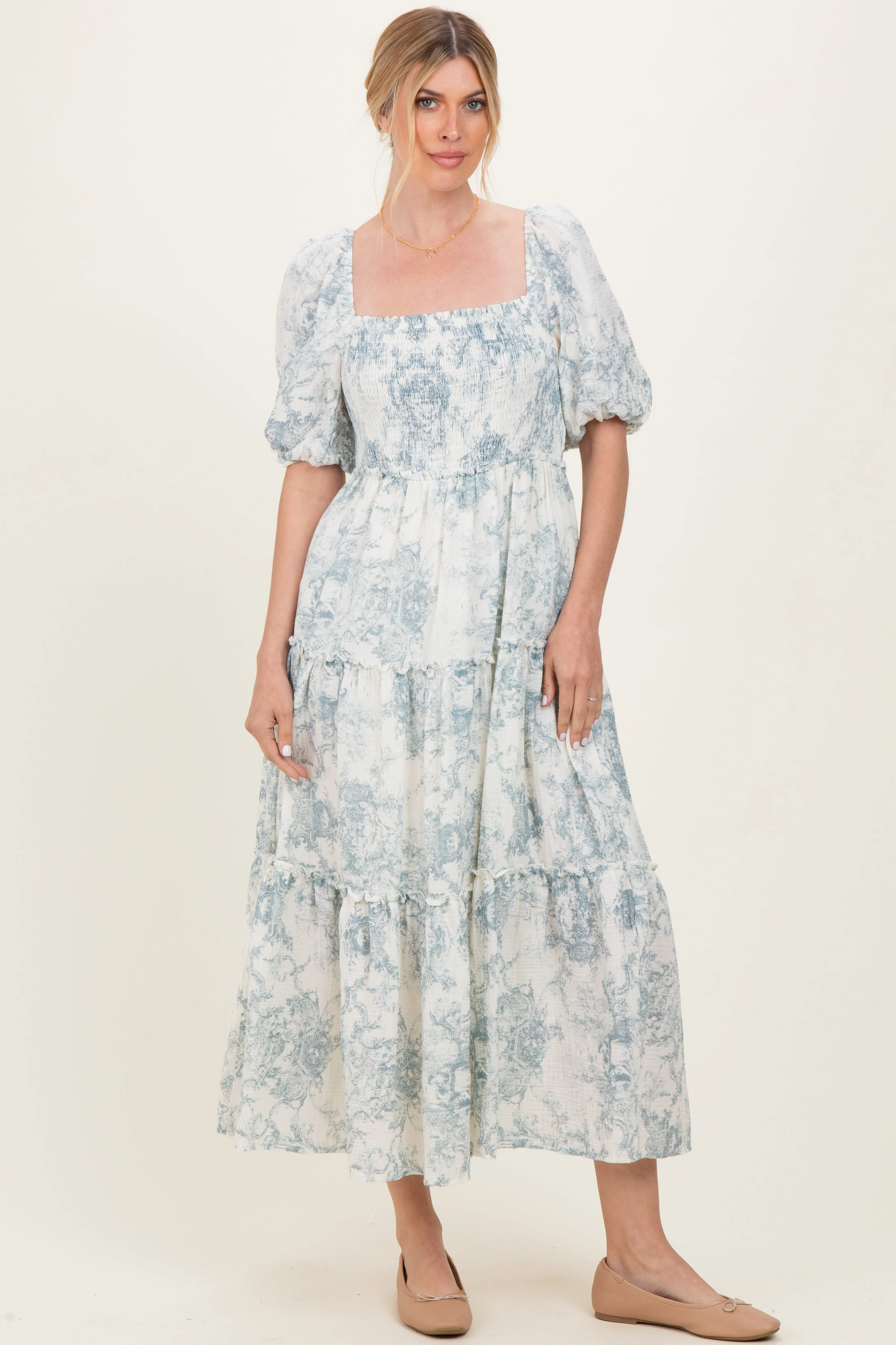 Blue Vintage Floral Puff Sleeve Tiered Maxi Dress sold by Pinkblush product image thumbnail 2