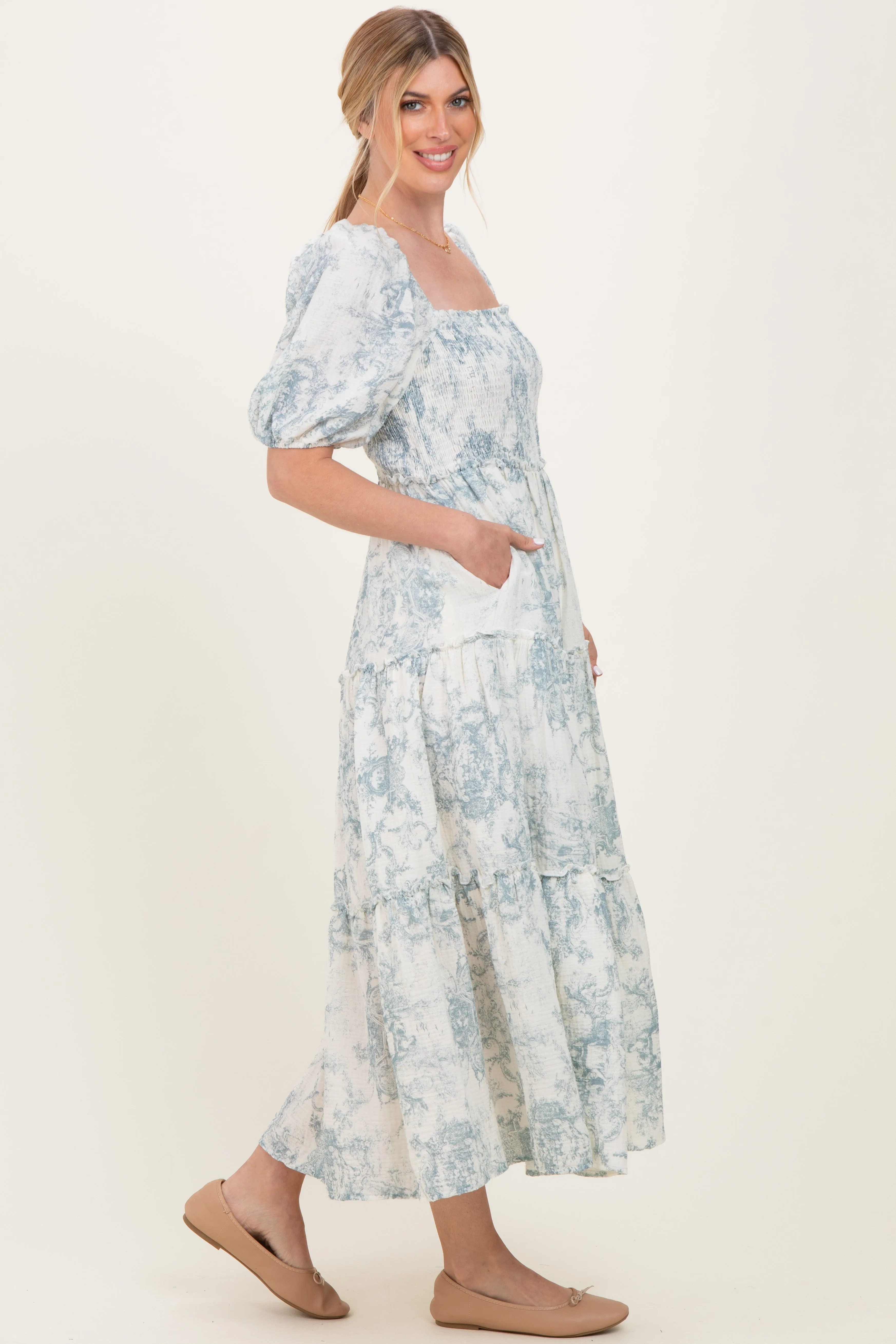 Blue Vintage Floral Puff Sleeve Tiered Maxi Dress sold by Pinkblush product image thumbnail 3