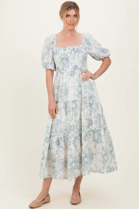 Blue Vintage Floral Puff Sleeve Tiered Maxi Dress sold by Pinkblush