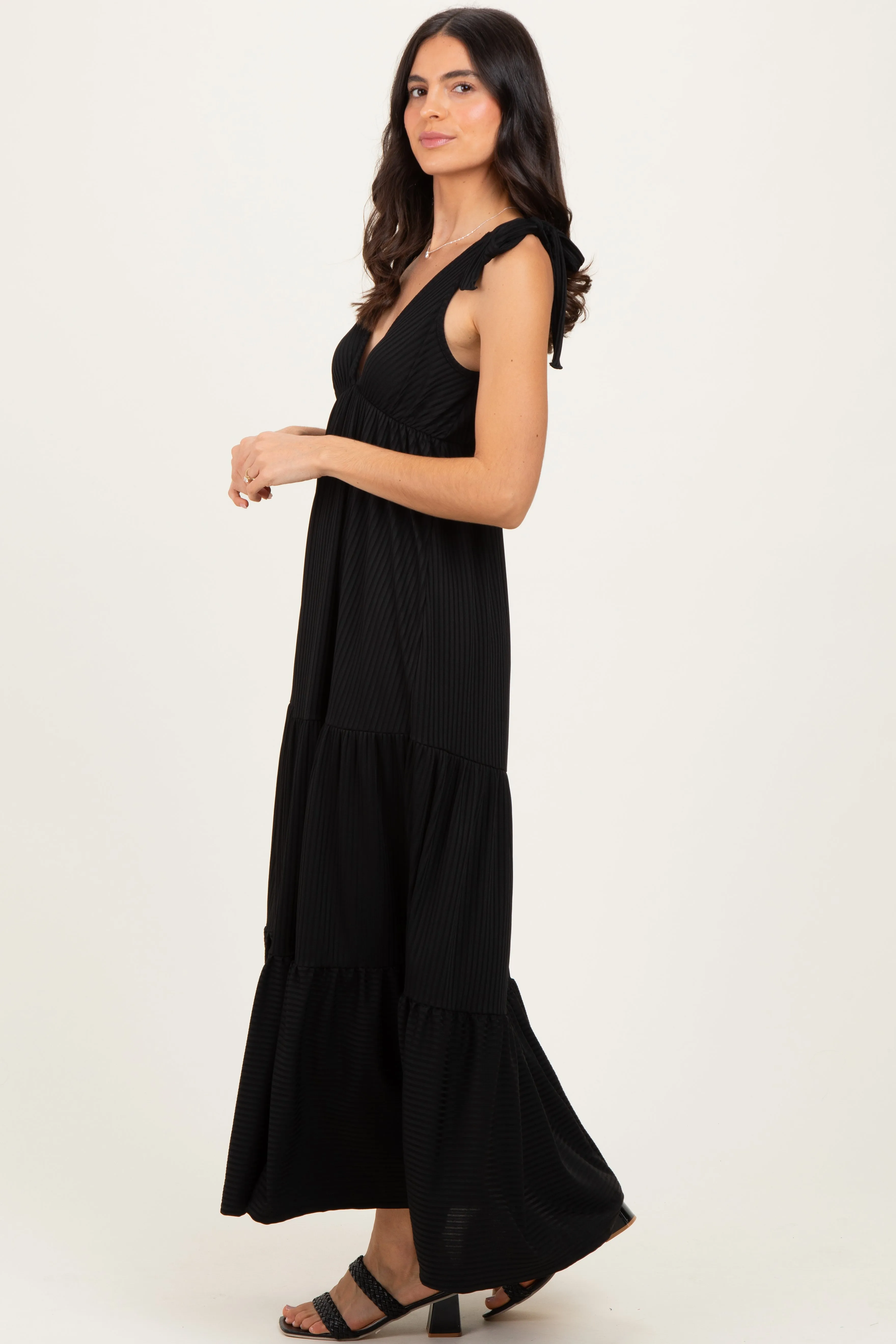 Black Shoulder Tie Ribbed Tiered Maxi Dress sold by Pinkblush product image thumbnail 3