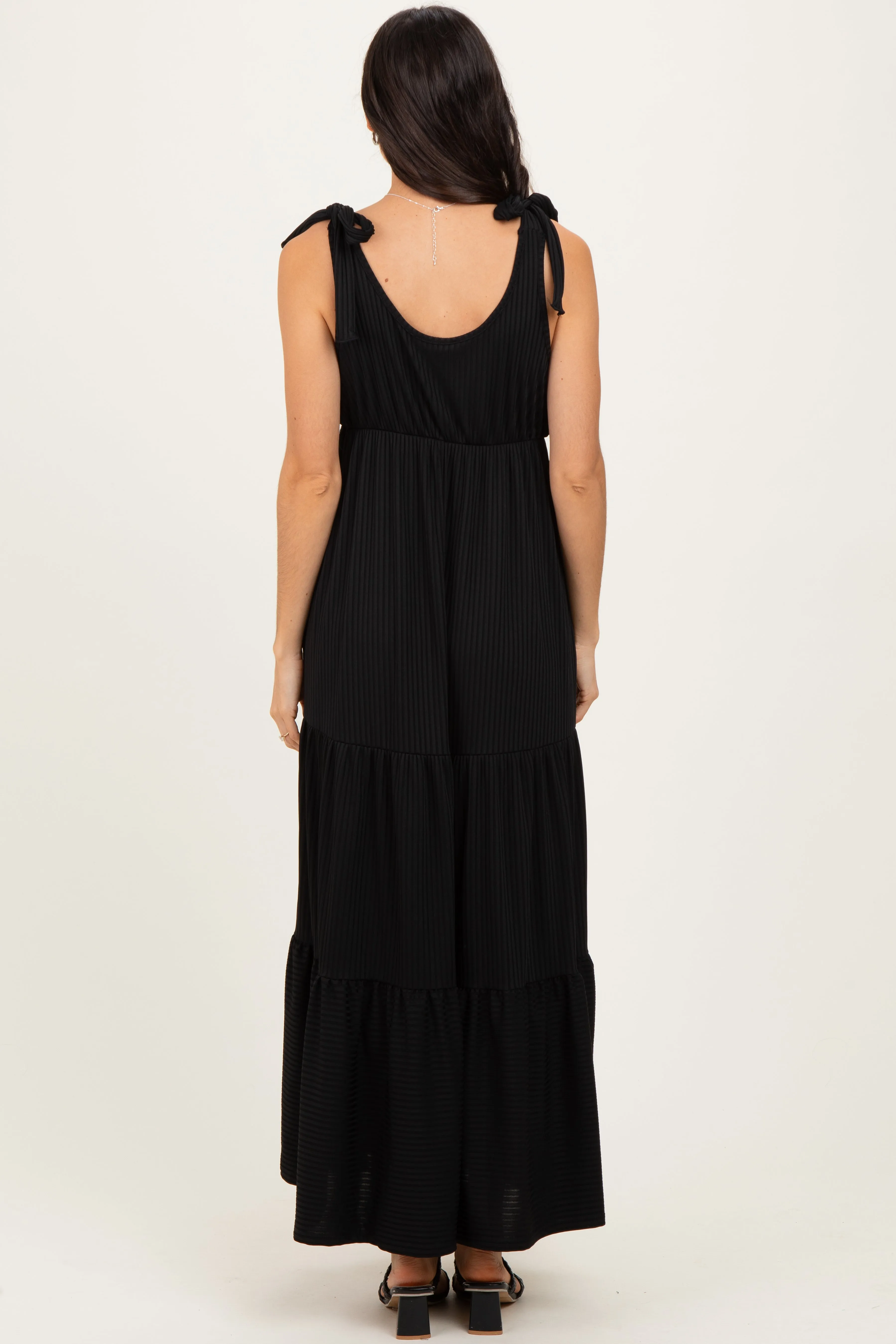 Black Shoulder Tie Ribbed Tiered Maxi Dress sold by Pinkblush product image thumbnail 4