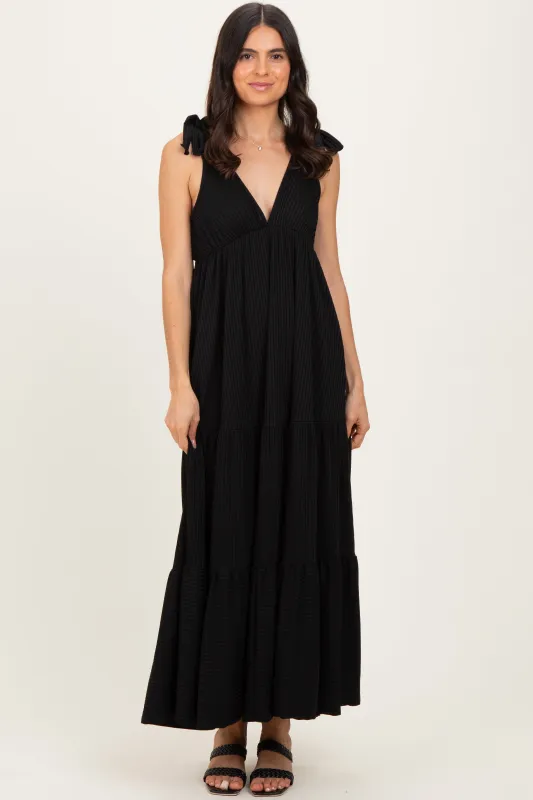 Black Shoulder Tie Ribbed Tiered Maxi Dress made by Pinkblush