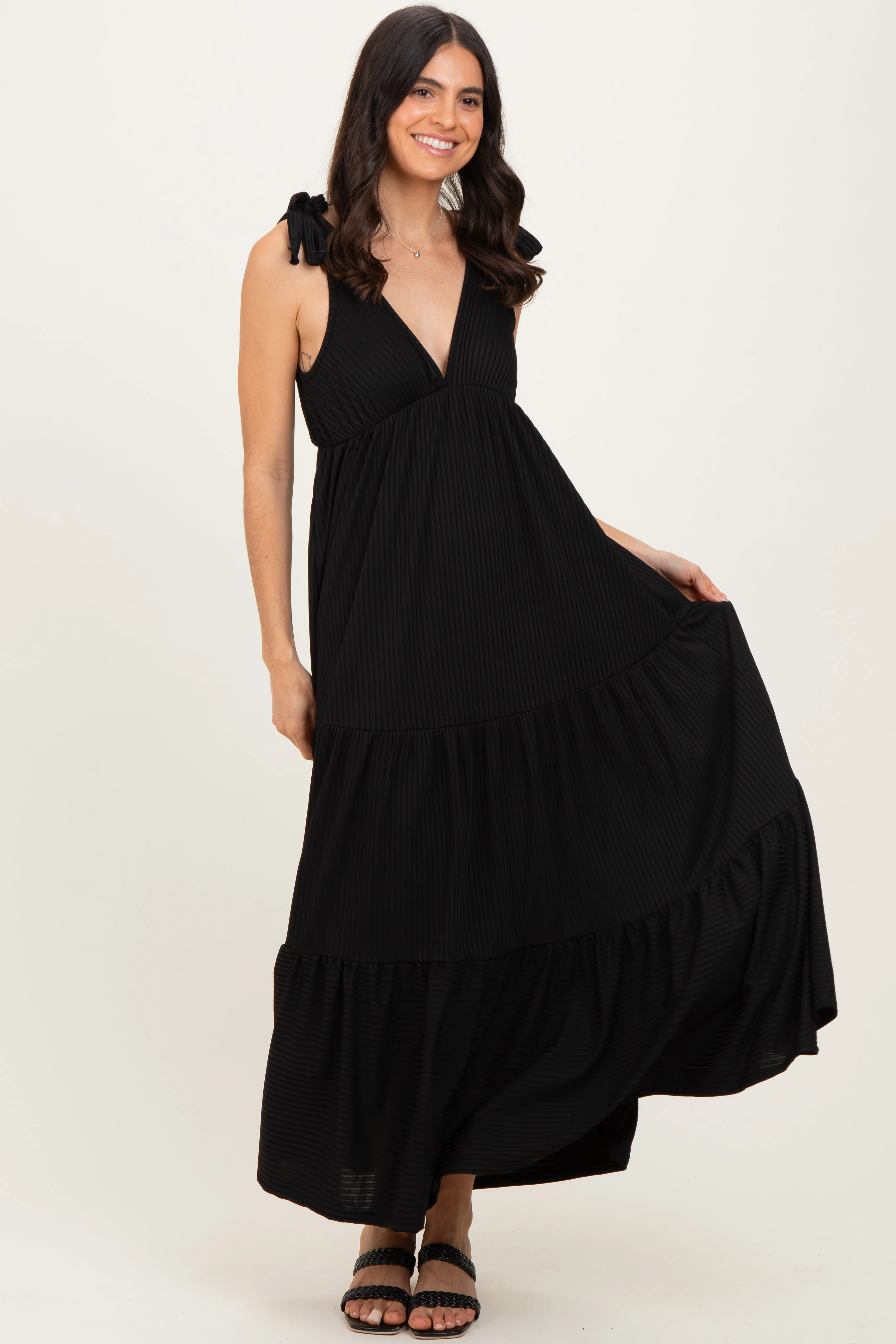 Black Shoulder Tie Ribbed Tiered Maxi Dress sold by Pinkblush product image thumbnail 2