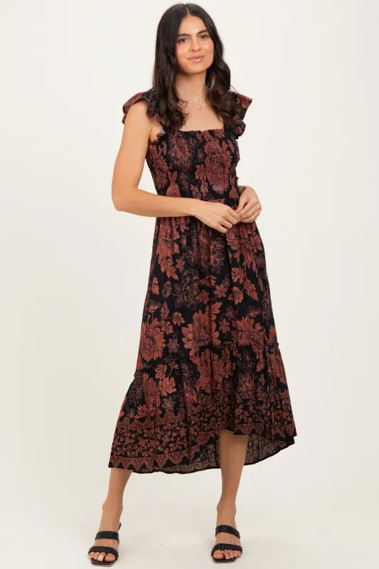 Black Floral Smocked Flutter Sleeve Midi Dress sold by Pinkblush