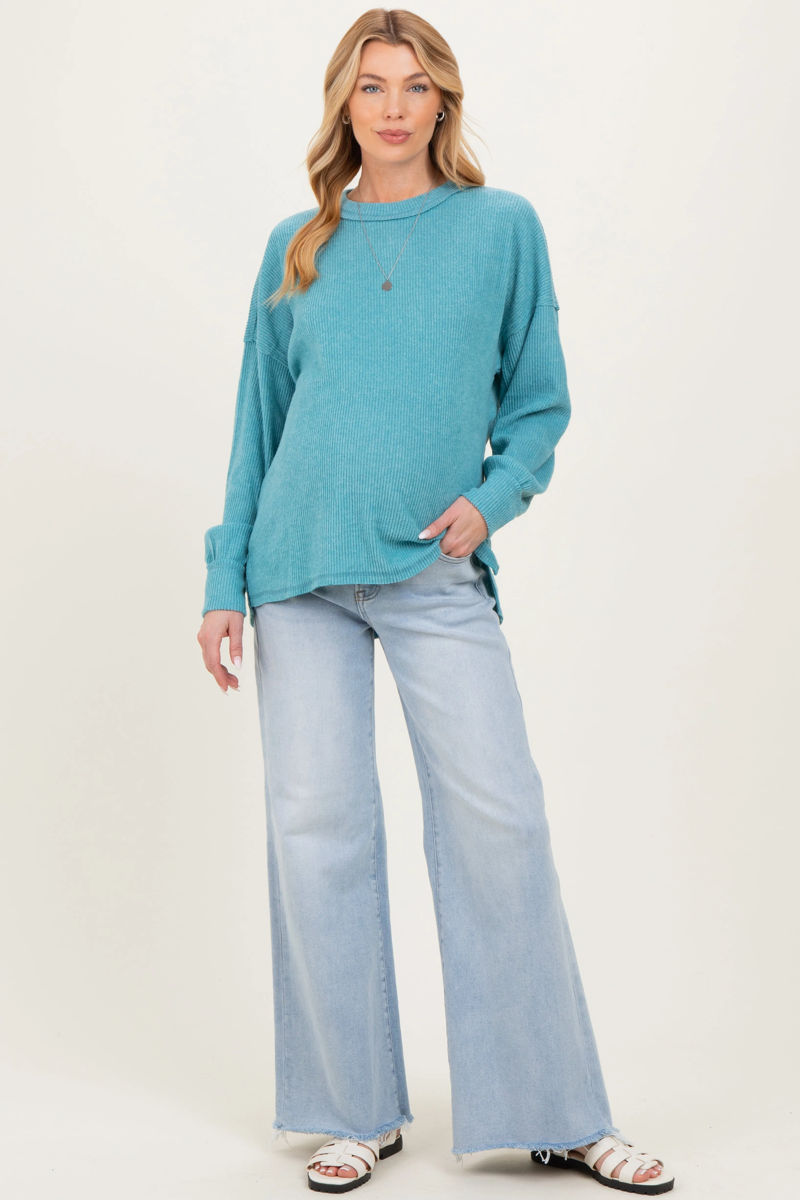 Dusty Teal Brushed Ribbed Knit Maternity Pullover sold by Pinkblush