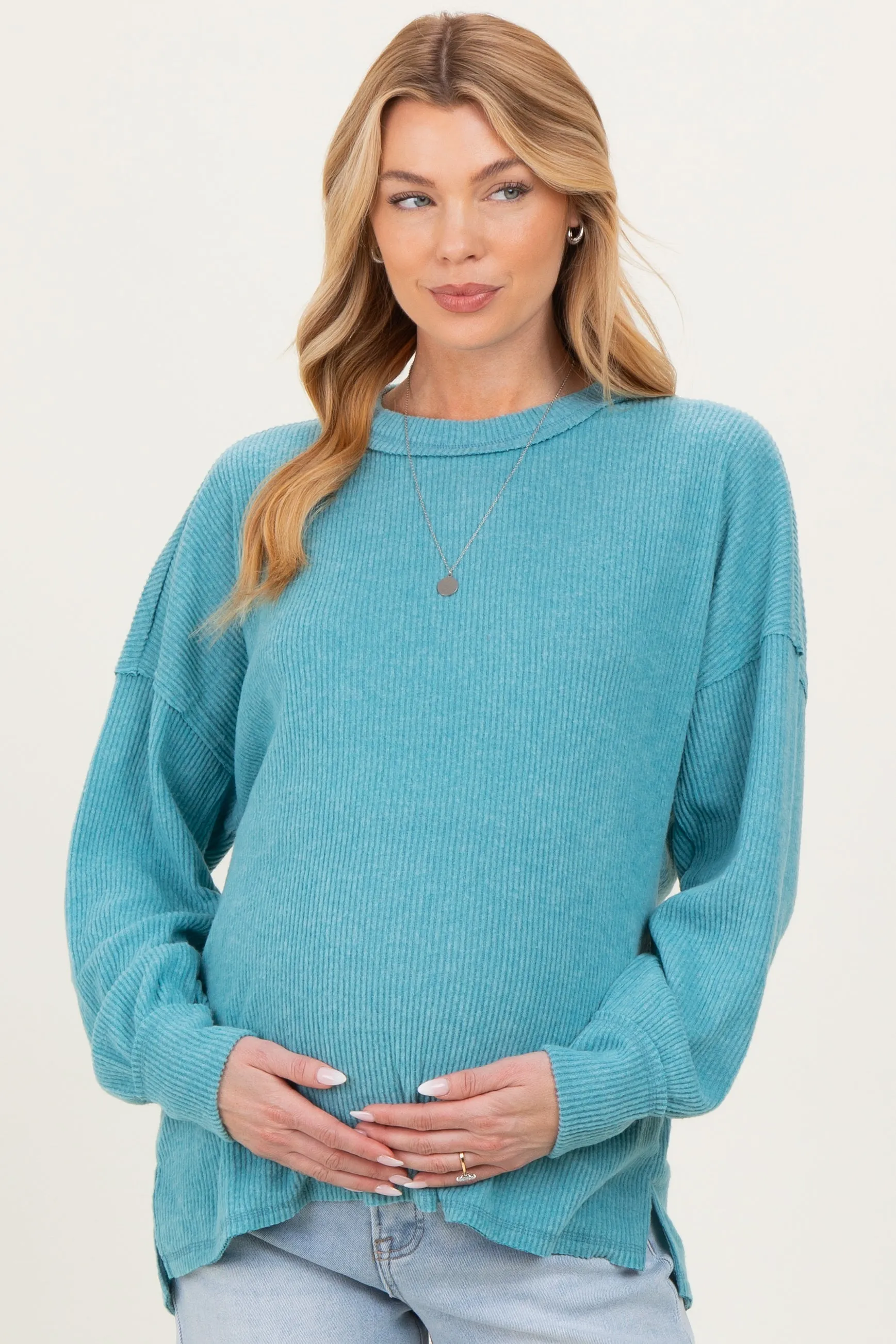 Dusty Teal Brushed Ribbed Knit Maternity Pullover sold by Pinkblush product image thumbnail 2