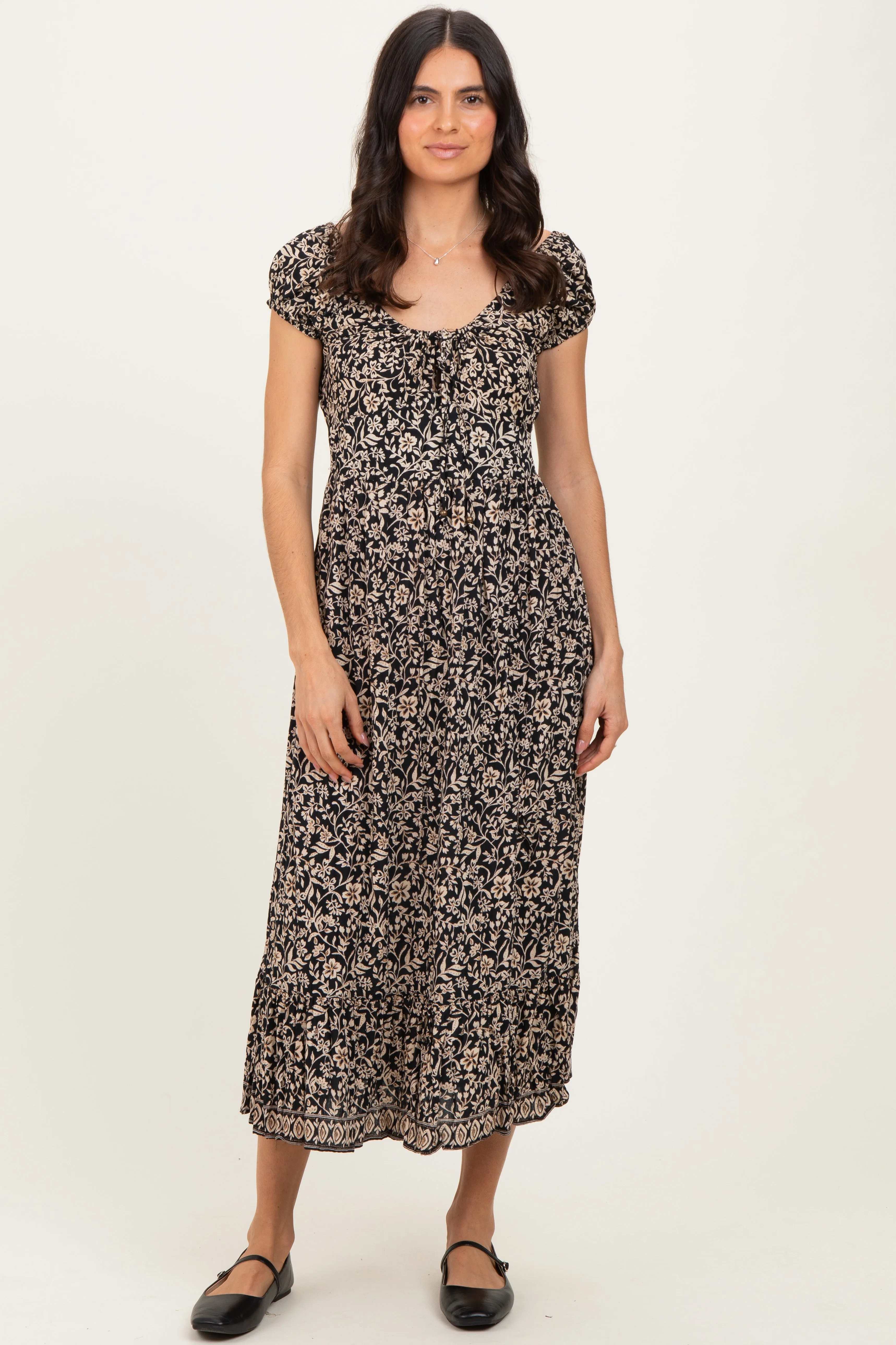 Black Floral Twisted Back Cutout Midi Dress sold by Pinkblush