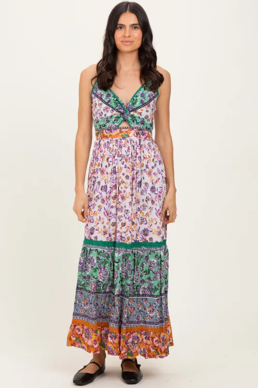 Multicolor Colorblock Floral Twist Front Cutout Maxi Dress sold by Pinkblush