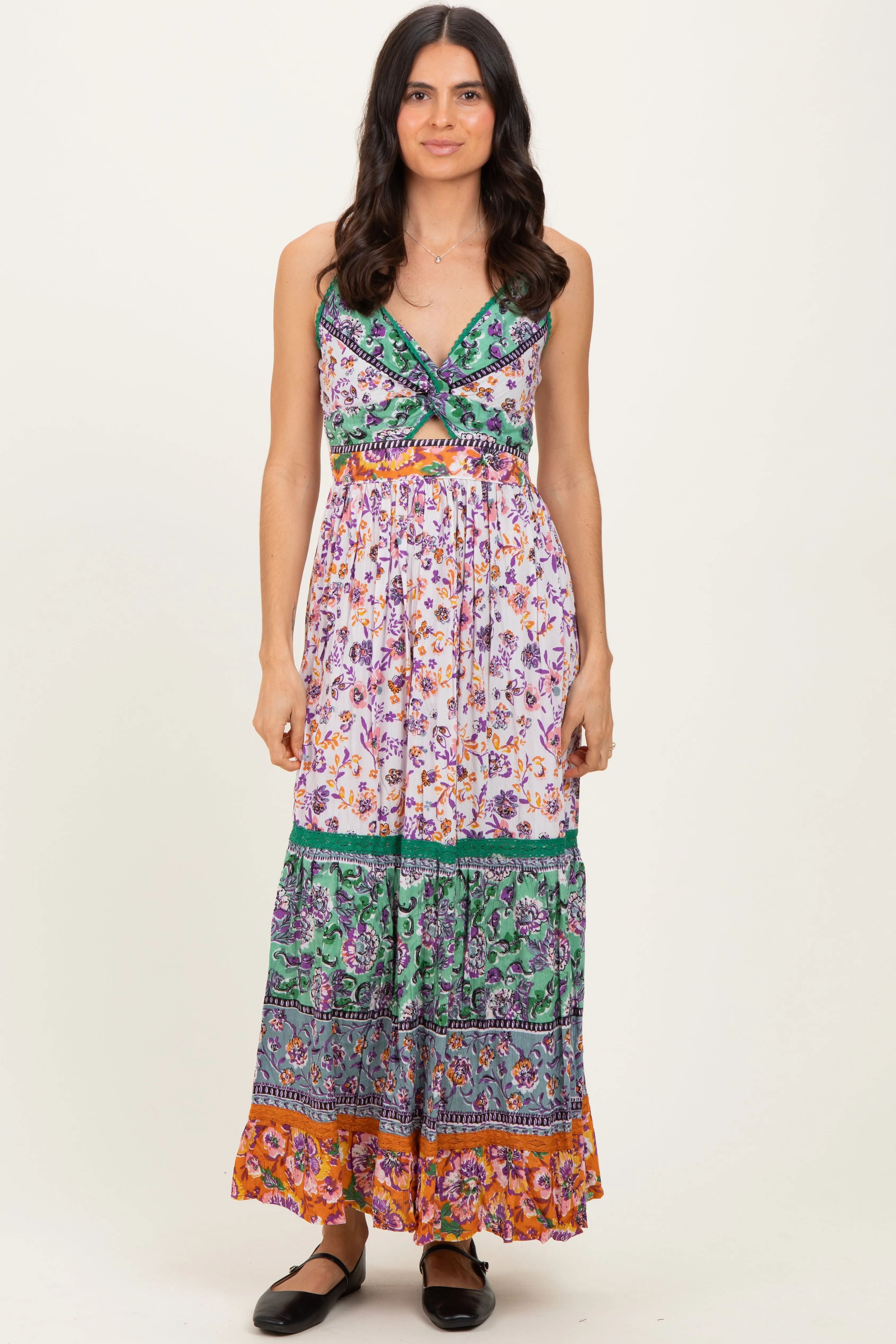 Multicolor Colorblock Floral Twist Front Cutout Maxi Dress sold by Pinkblush